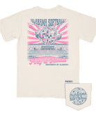 University of Alabama Ivory Ladies' T-Shirt with a hand-drawn design featuring Rhoads Stadium, disco balls, and the color pink, related to the Alabama Softball team.