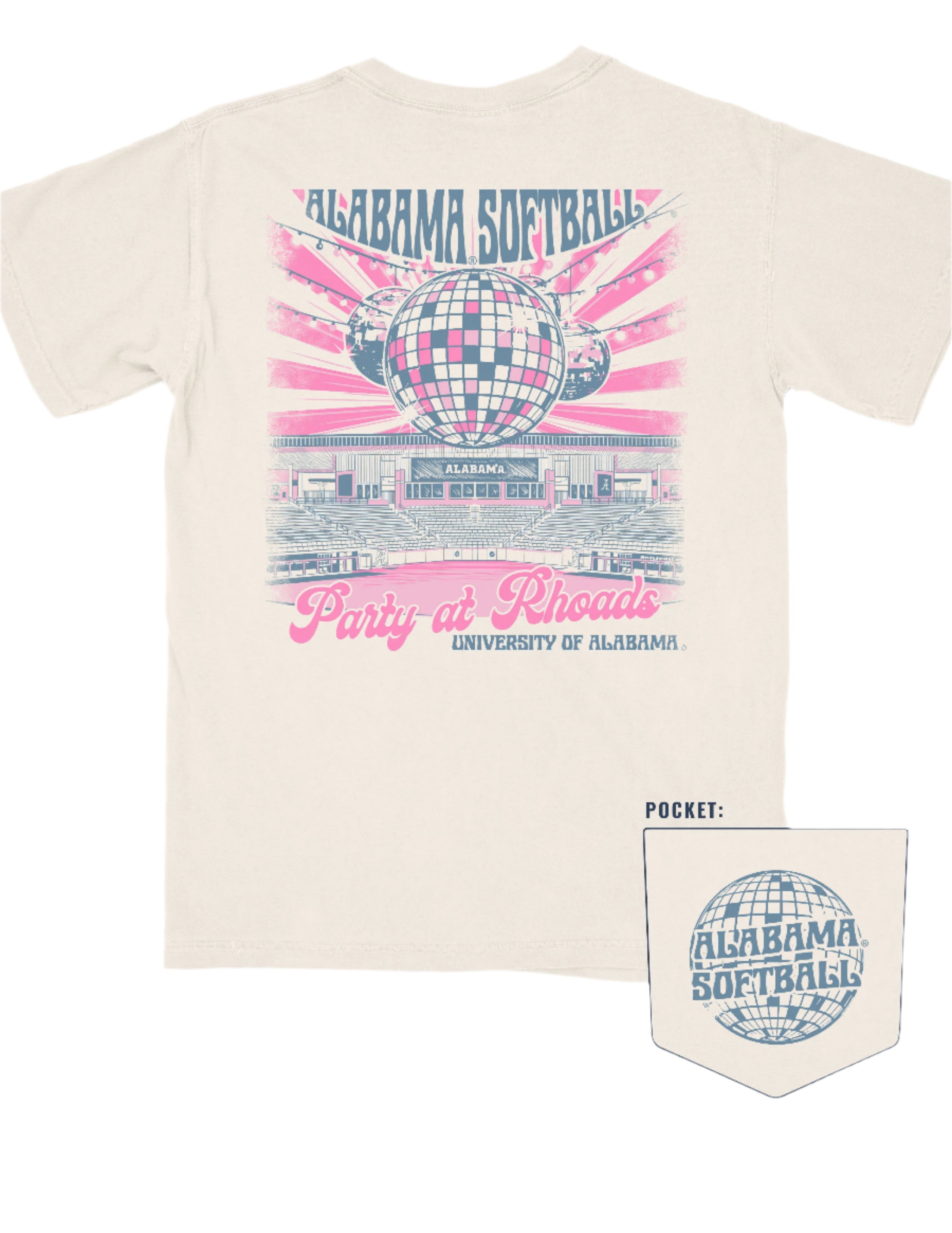 University of Alabama Ivory Ladies' T-Shirt with a hand-drawn design featuring Rhoads Stadium, disco balls, and the color pink, related to the Alabama Softball team.