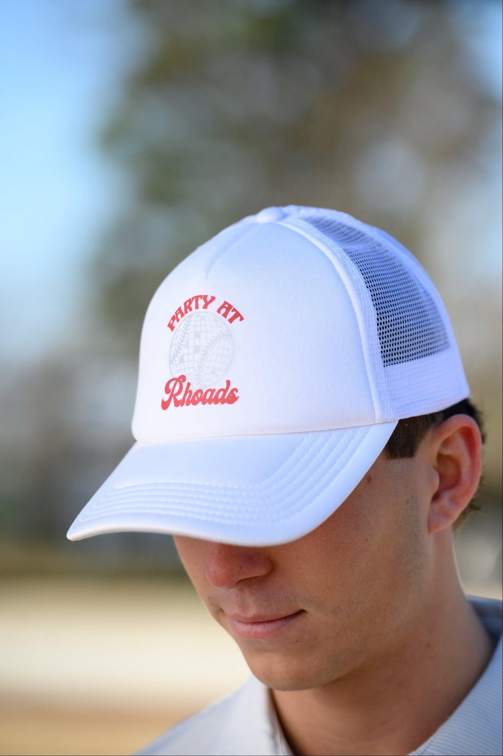 University of Alabama White Trucker Hat with Red “Party At Rhoads” text and a disco softball design in silver.
