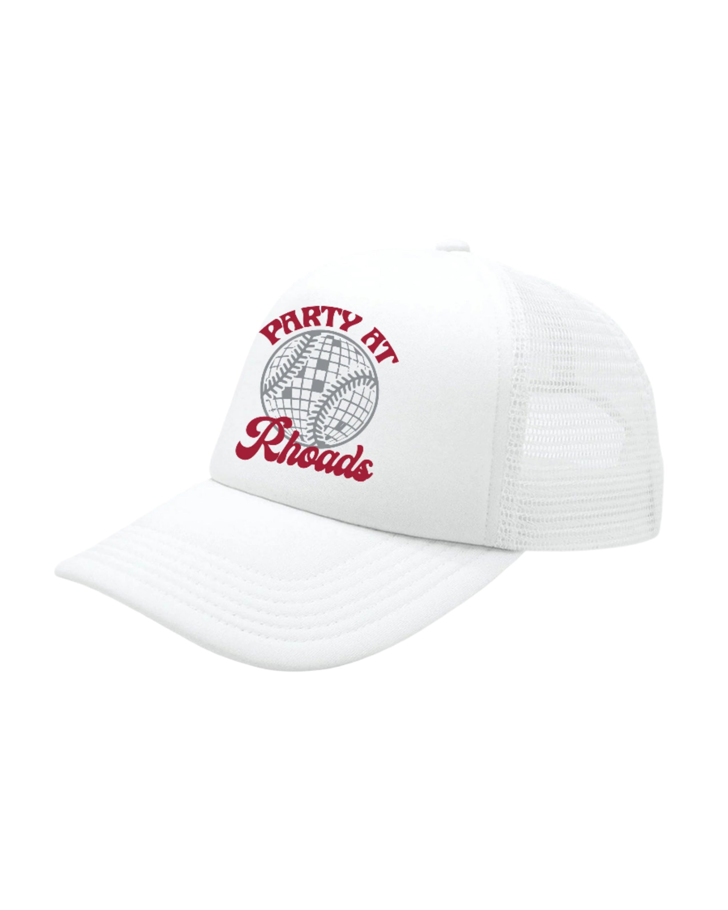 University of Alabama White Trucker Hat with 'Party At Rhoads' text and a disco softball design in silver and crimson.