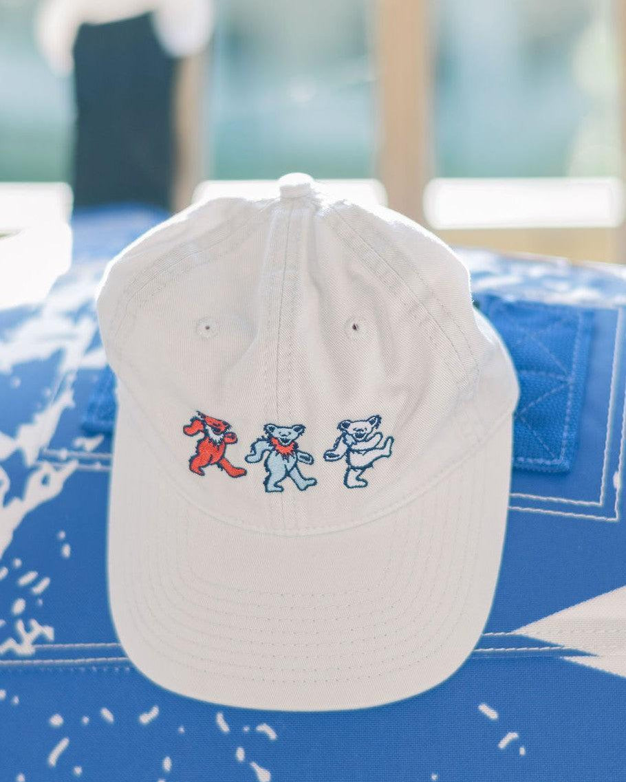 America 250 Light Grey Dad Hat with Red, White, and Blue Grateful Dead Dancing Bears embroidered across it
