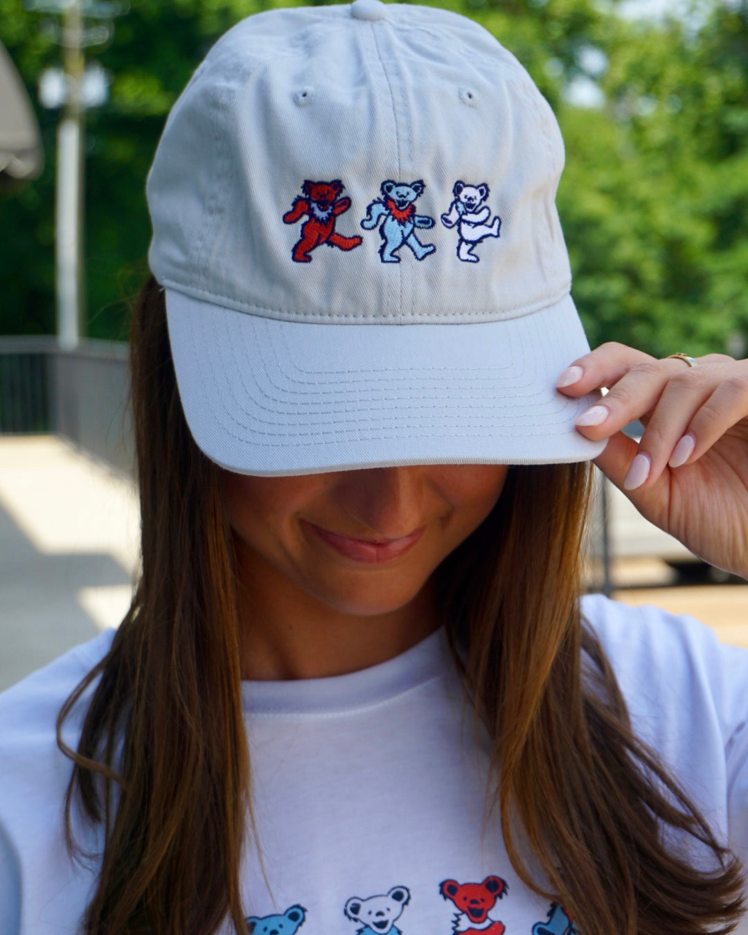 America 250 Light Grey Dad Hat with Red, White, and Blue Grateful Dead Dancing Bears embroidered across it