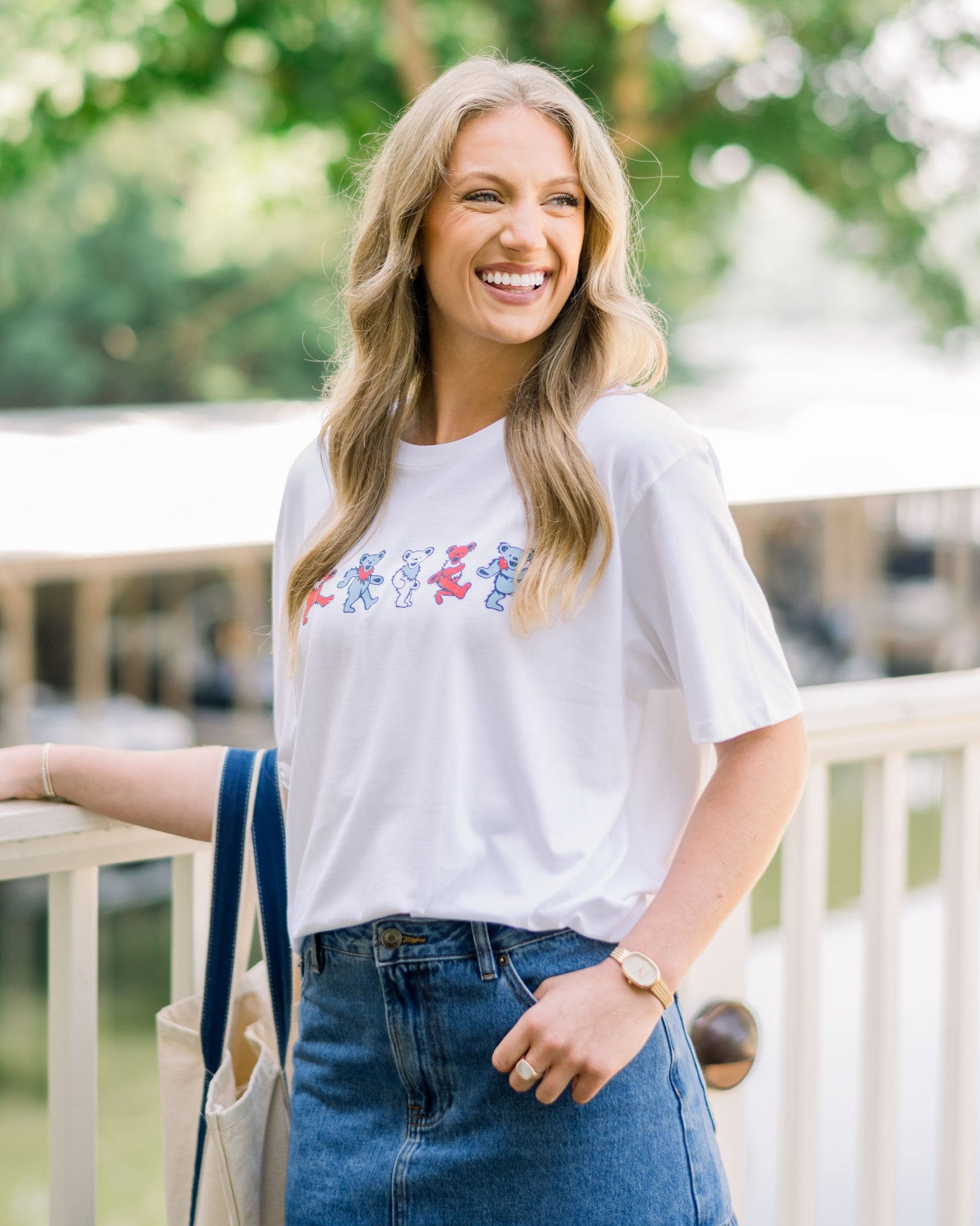 America 250 White T-Shirt with Red, White, and Blue Grateful Dead Dancing Bears lined up across the chest