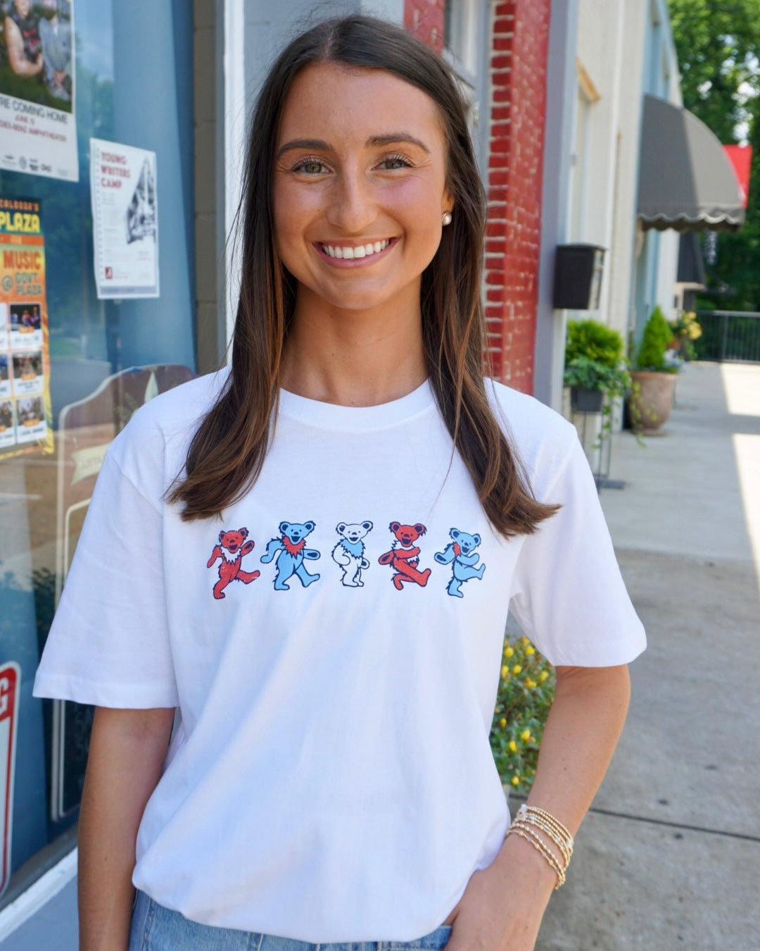 America 250 White T-Shirt with Red, White, and Blue Grateful Dead Dancing Bears lined up across the chest