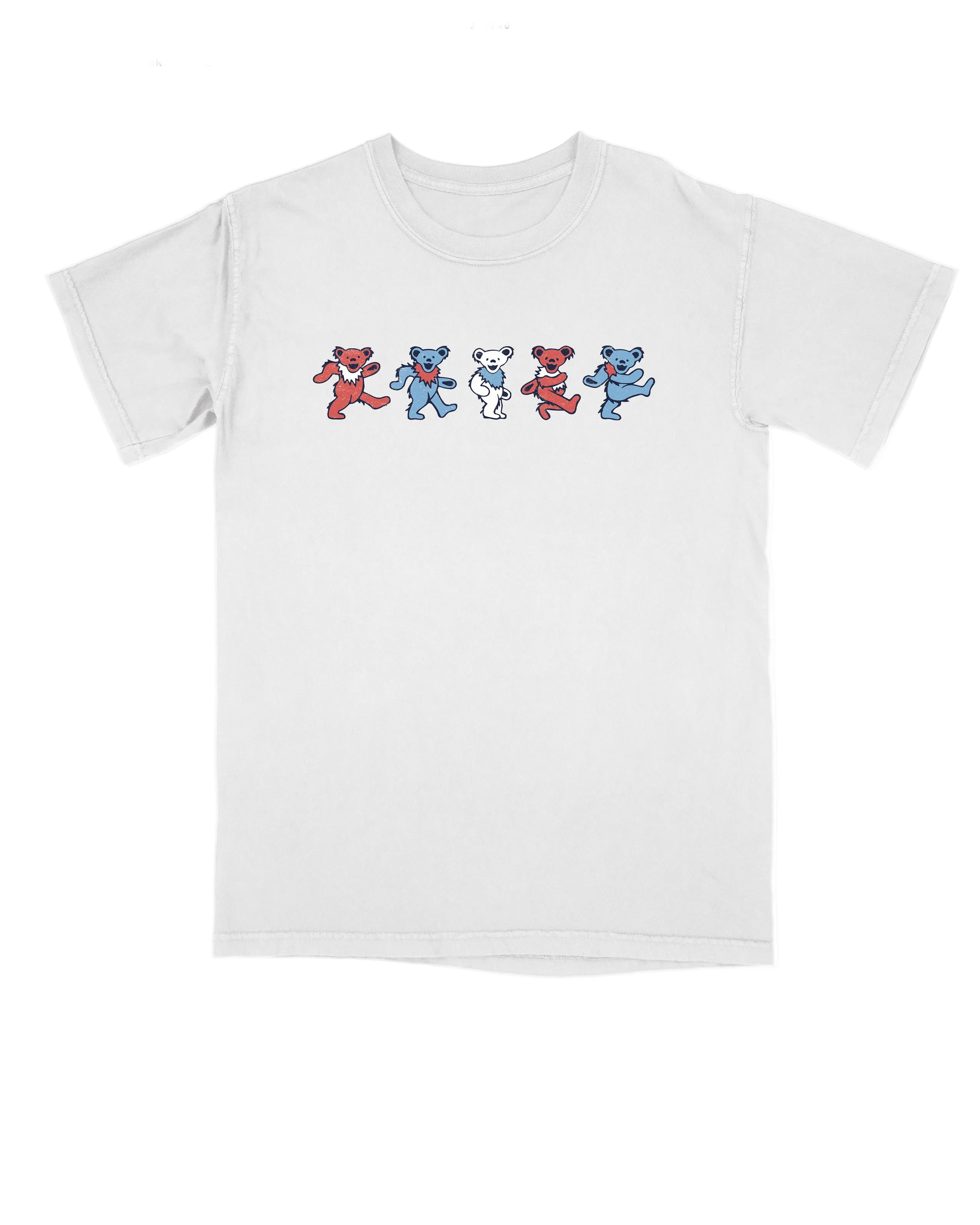 America 250 White T-Shirt with Red, White, and Blue Grateful Dead Dancing Bears lined up across the chest