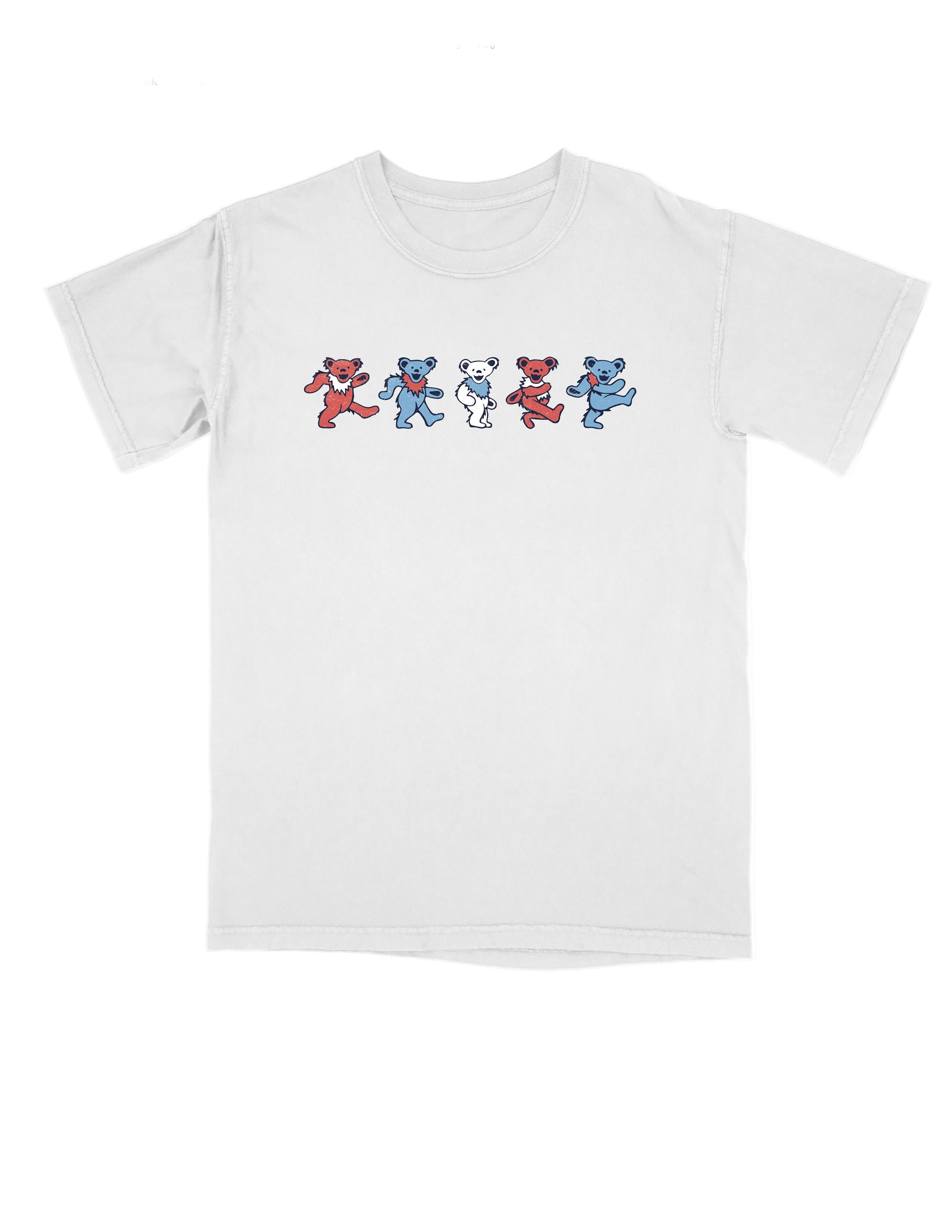 America 250 White T-Shirt with Red, White, and Blue Grateful Dead Dancing Bears lined up across the chest