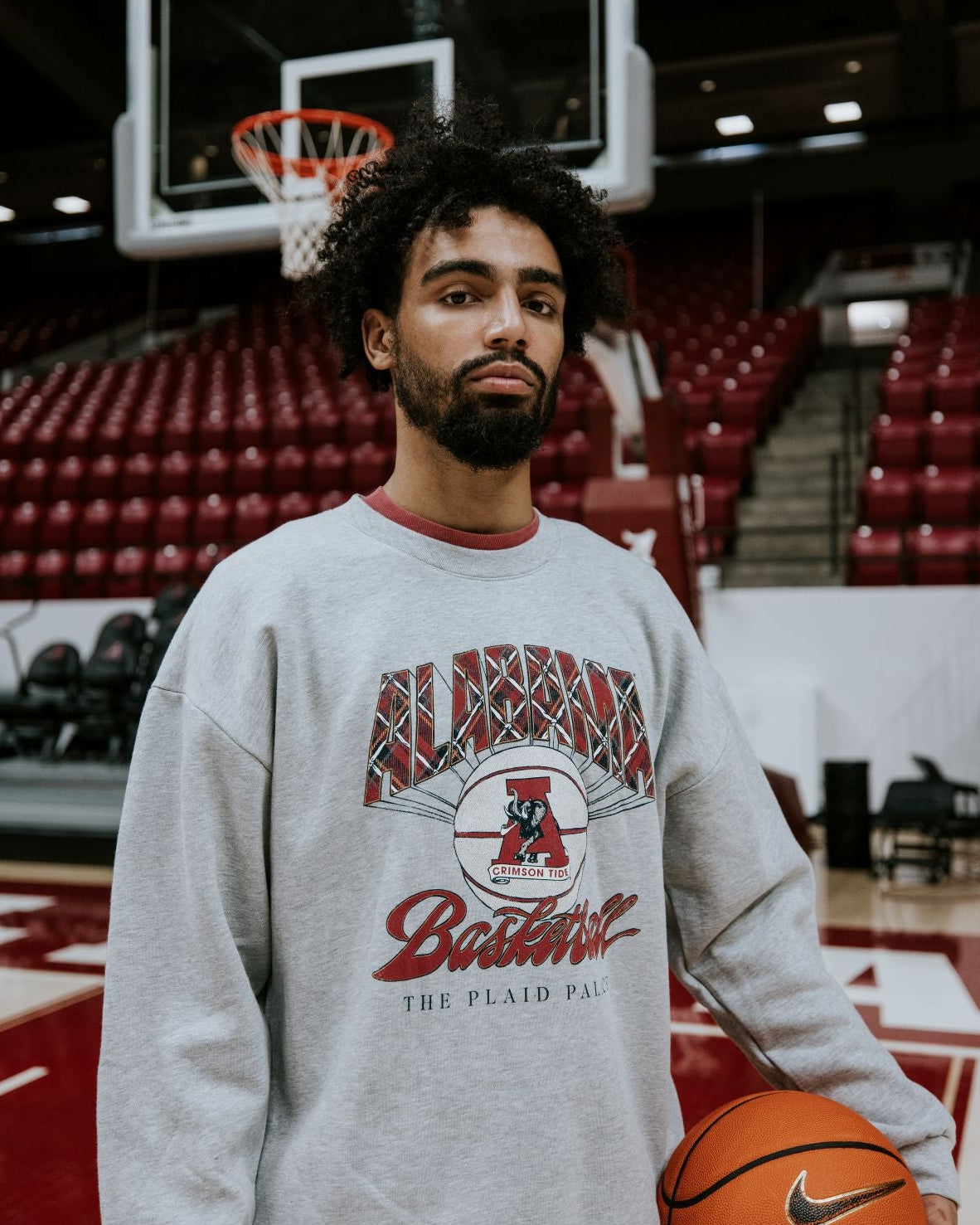 University of Alabama Heather Grey Sweatshirt with Plaid text “Alabama” above a Vintage A Logo Basketball and Red text “Basketball” underneath, with Black text “The Plaid Palace” across the bottom of the design