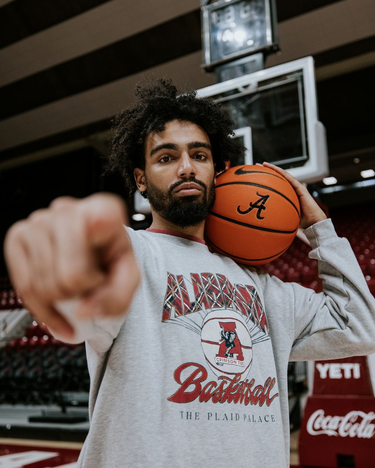 University of Alabama Heather Grey Sweatshirt with Plaid text “Alabama” above a Vintage A Logo Basketball and Red text “Basketball” underneath, with Black text “The Plaid Palace” across the bottom of the design