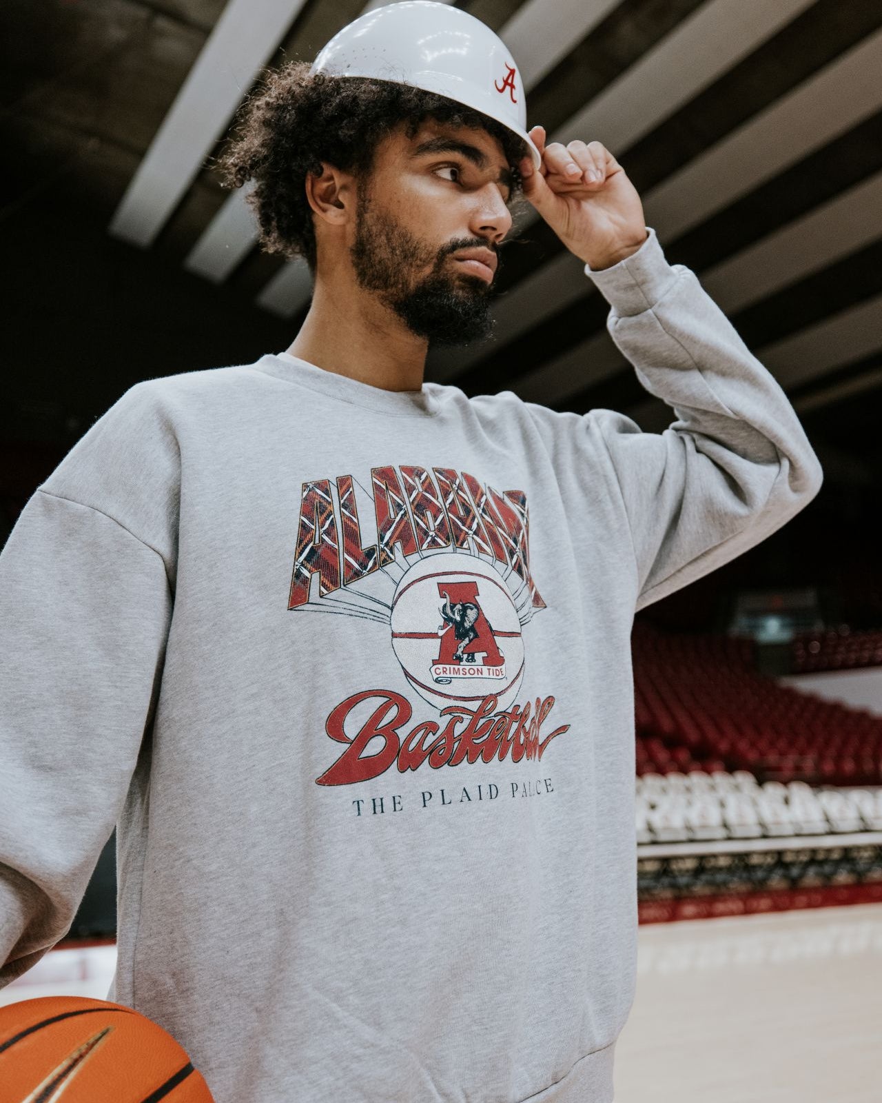 University of Alabama Heather Grey Sweatshirt with Plaid text “Alabama” above a Vintage A Logo Basketball and Red text “Basketball” underneath, with Black text “The Plaid Palace” across the bottom of the design