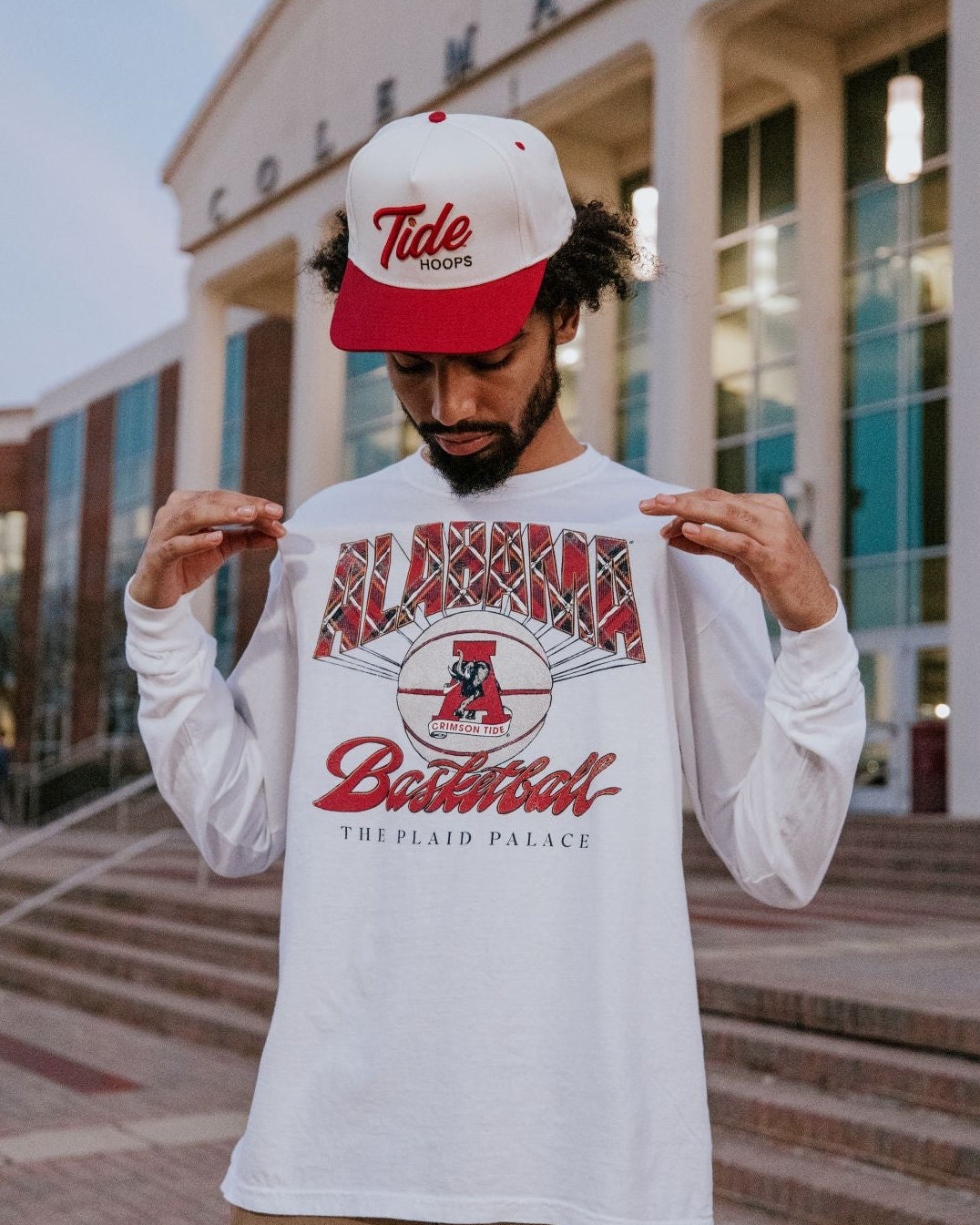 University of Alabama White T-Shirt with Plaid text “Alabama” above a Vintage A Logo Basketball and Red text “Basketball” underneath, with Black text “The Plaid Palace” across the bottom of the design