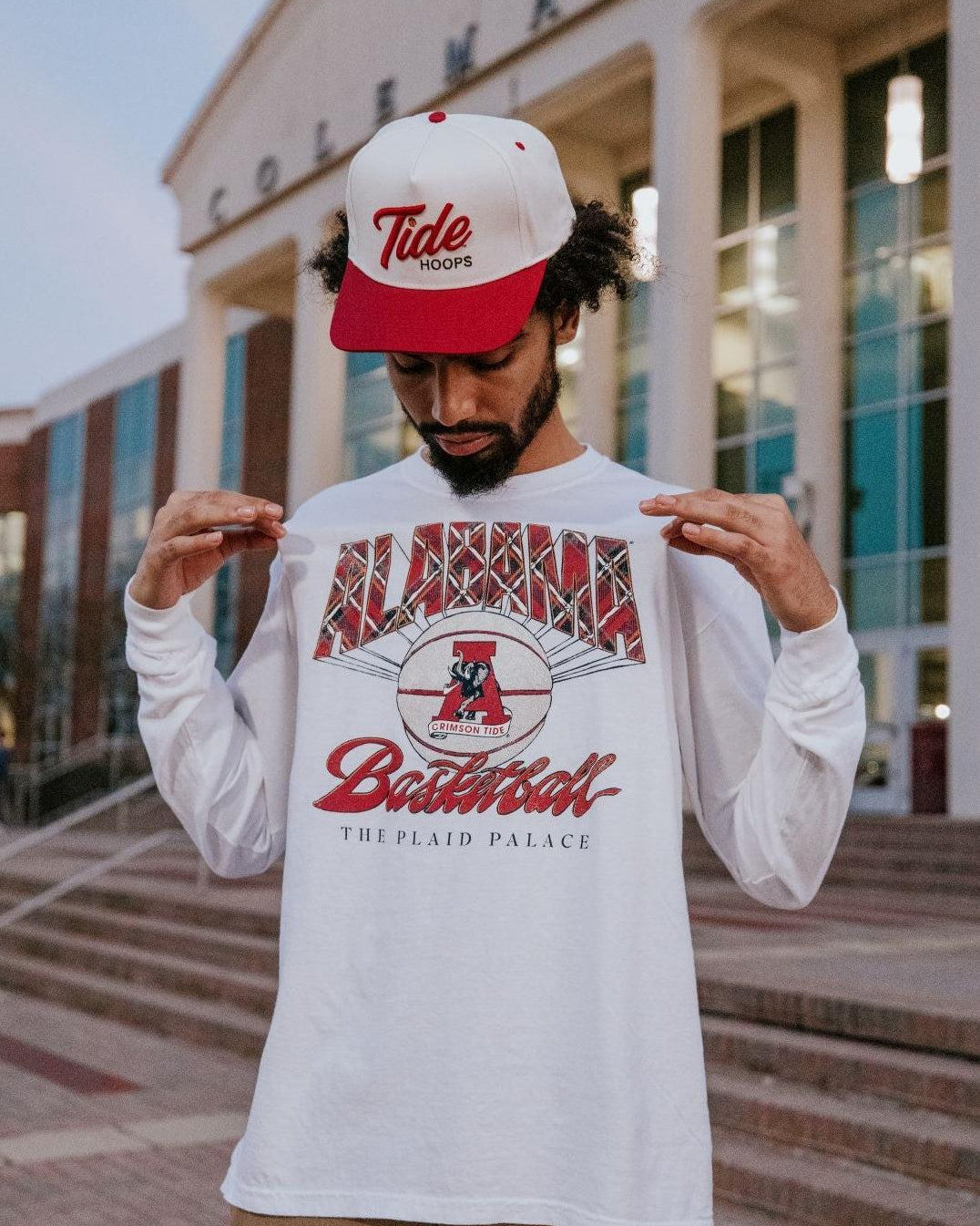 University of Alabama White T-Shirt with Plaid text “Alabama” above a Vintage A Logo Basketball and Red text “Basketball” underneath, with Black text “The Plaid Palace” across the bottom of the design