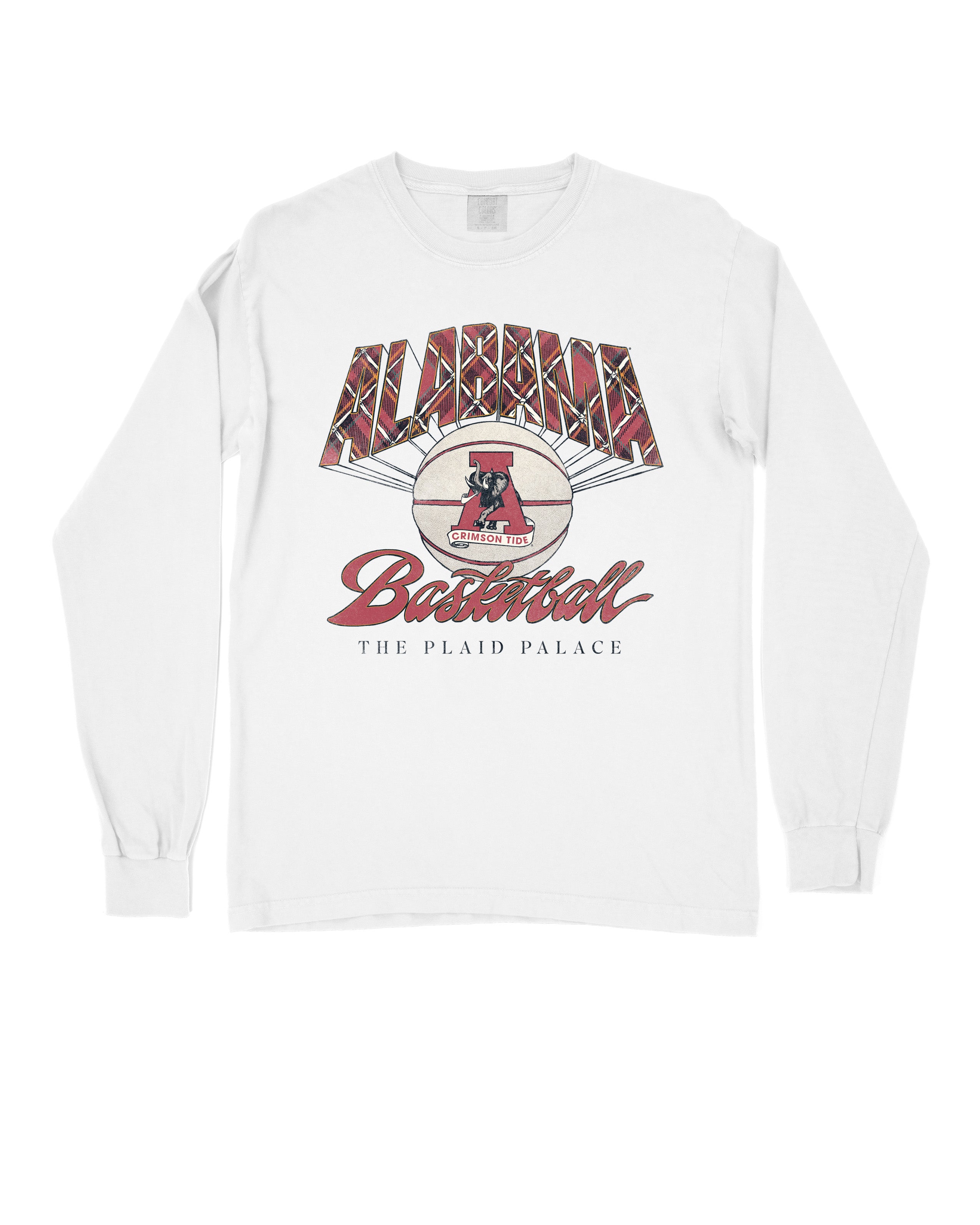University of Alabama White T-Shirt with Plaid text “Alabama” above a Vintage A Logo Basketball and Red text “Basketball” underneath, with Black text “The Plaid Palace” across the bottom of the design