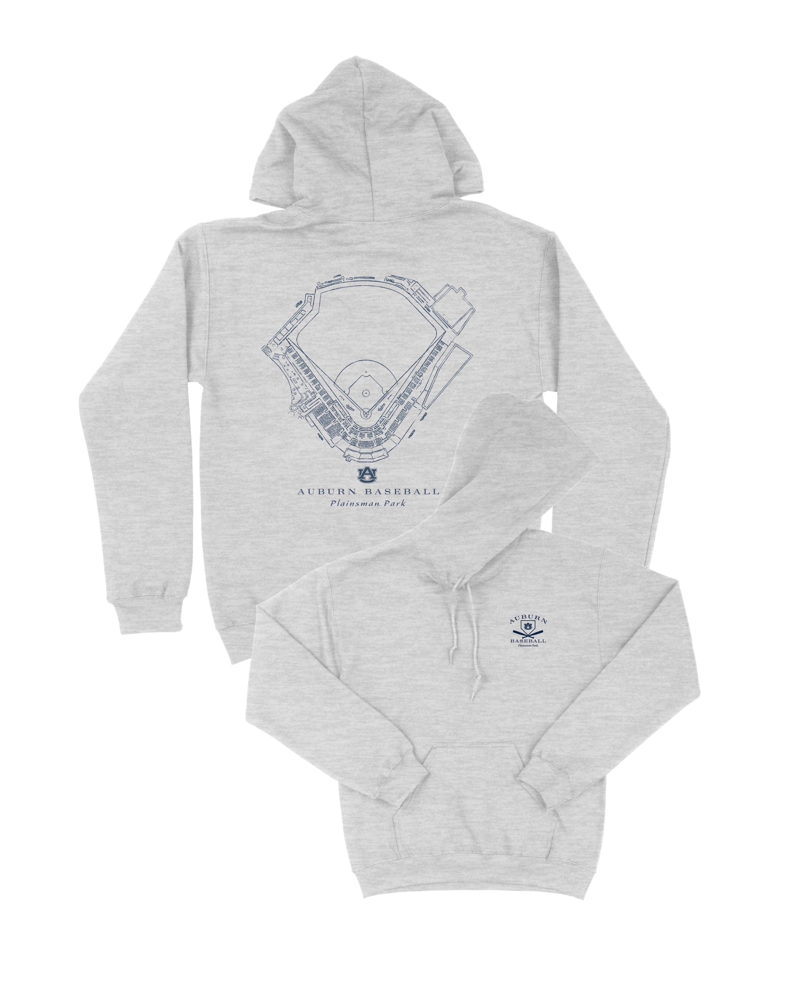 BACK: Auburn University Light Grey Distressed Hoodie with a Navy print of the Plainsman Park Baseball Field blueprint above text “Auburn Baseball”
FRONT: Auburn University Light Grey Distressed Hoodie Chest Design with a Navy print of home plate over two crossed baseball bats