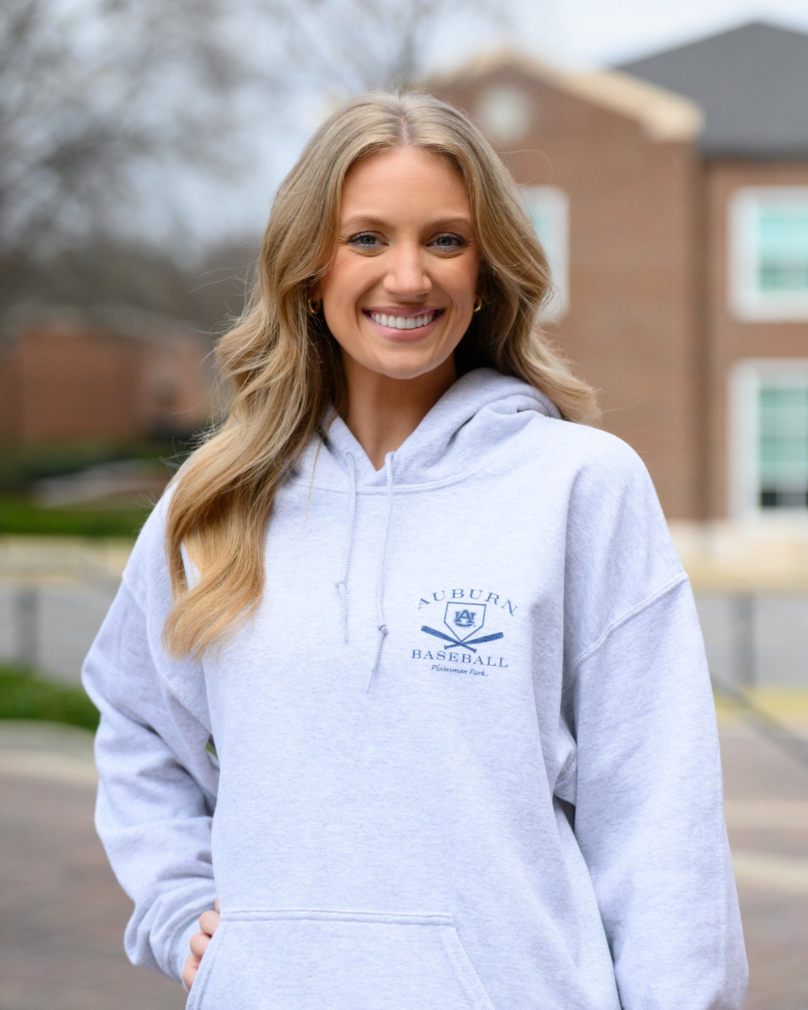 Auburn University Light Grey Distressed Hoodie Chest Design with a Navy print of home plate over two crossed baseball bats
