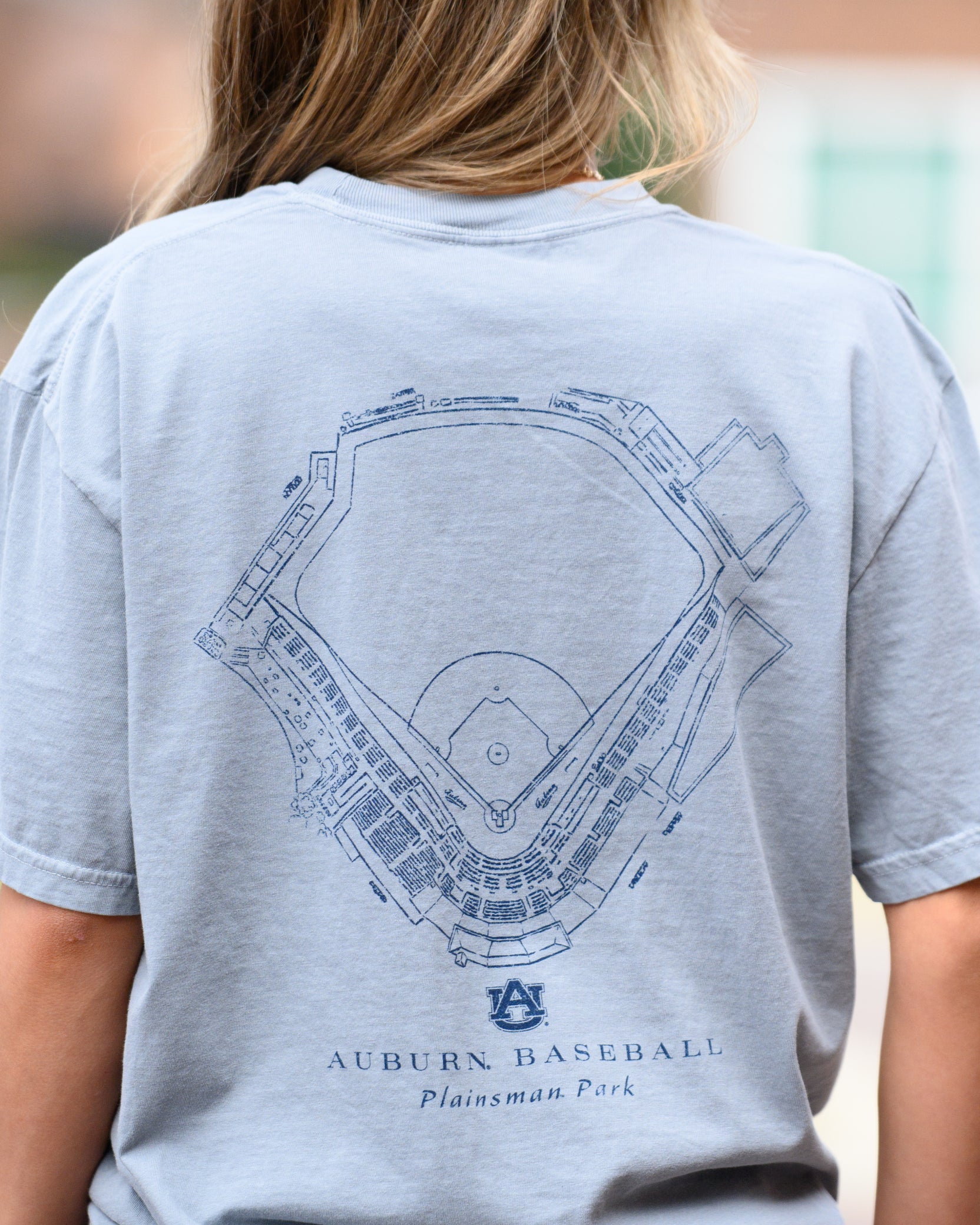 Auburn University Grey Distressed Tee with a Navy print of the Plainsman Park Baseball Field blueprint above text “Auburn Baseball”