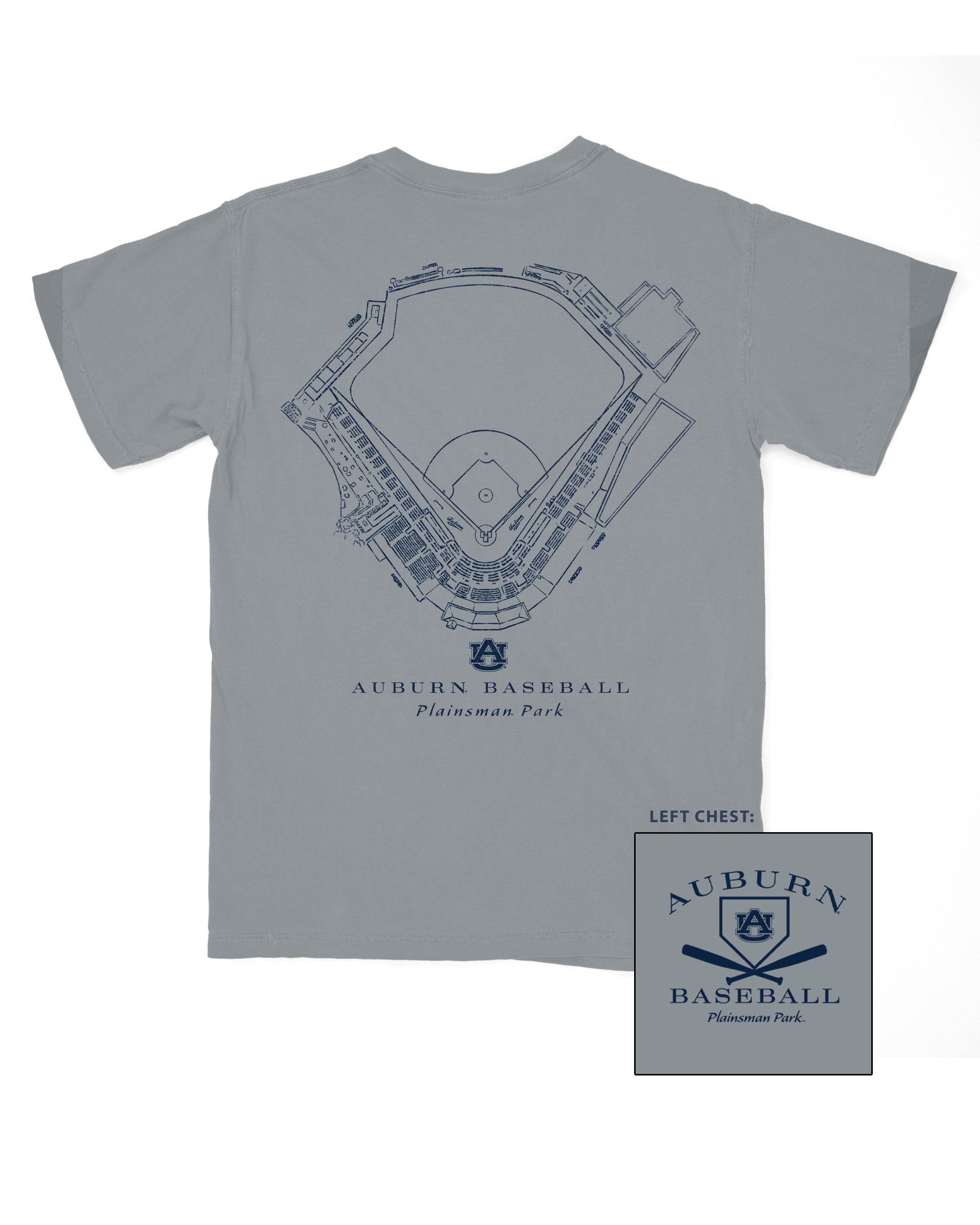 Auburn University Grey Distressed Tee with a Navy print of the Plainsman Park Baseball Field blueprint above text “Auburn Baseball”