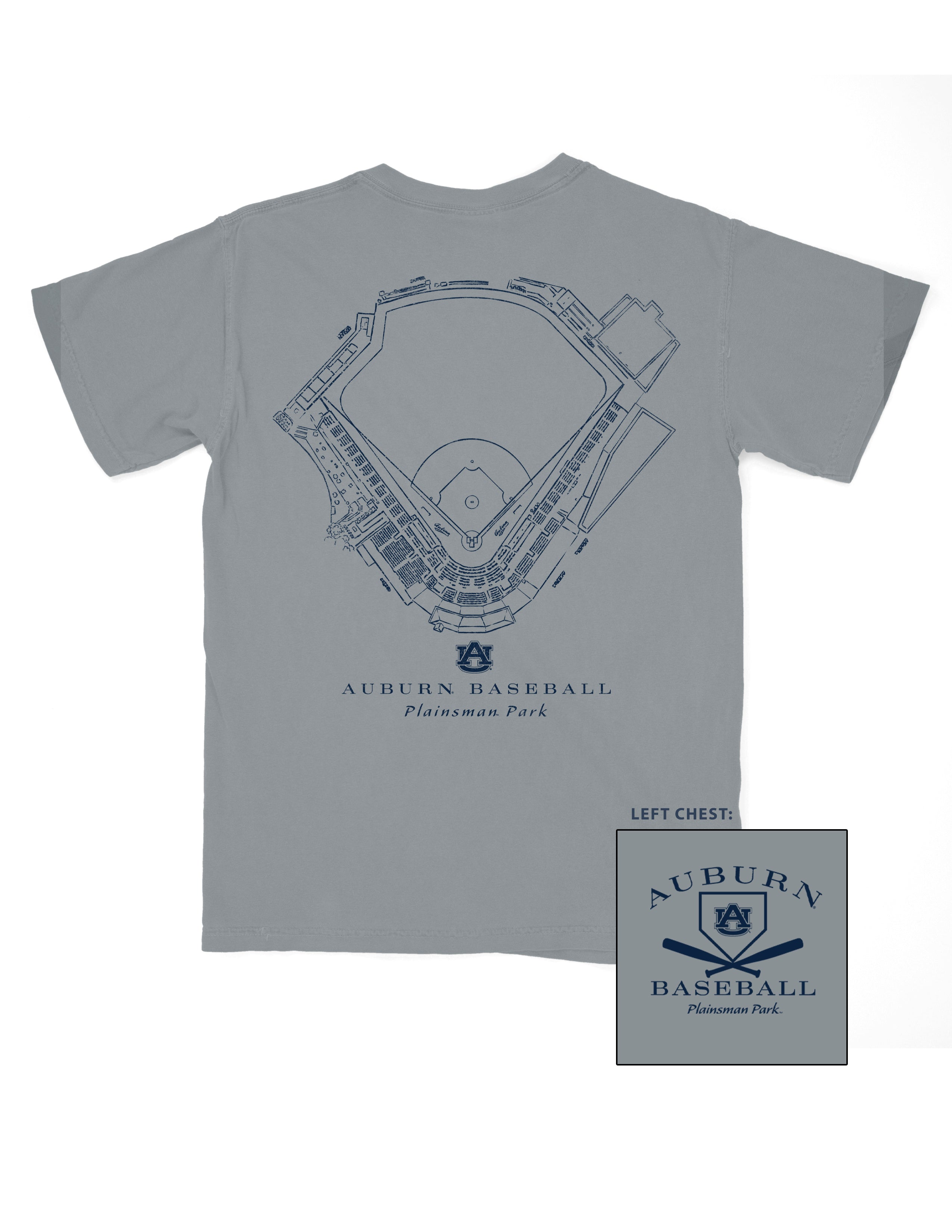 Auburn University Grey Distressed Tee with a Navy print of the Plainsman Park Baseball Field blueprint above text “Auburn Baseball”