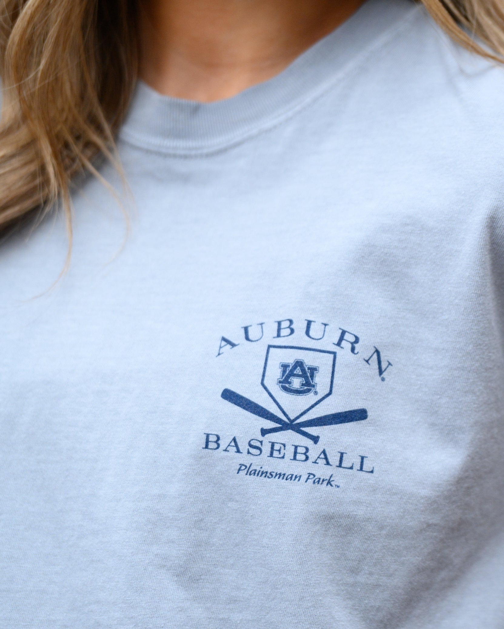 Auburn University Grey Distressed Tee Chest Design with a Navy print of home plate over two crossed baseball bats