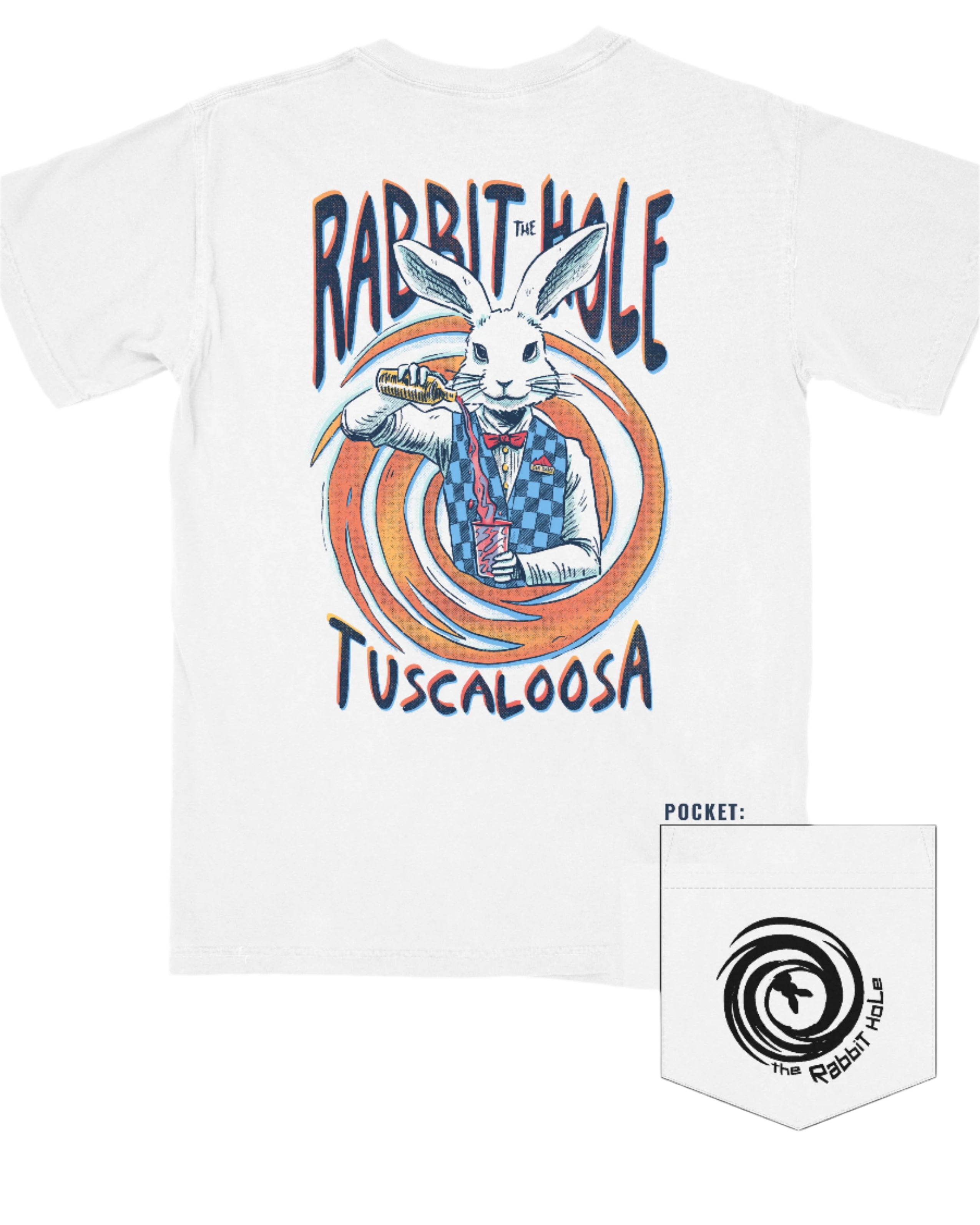The Rabbit Hole White T-Shirt with an image of The White Rabbit serving a cocktail