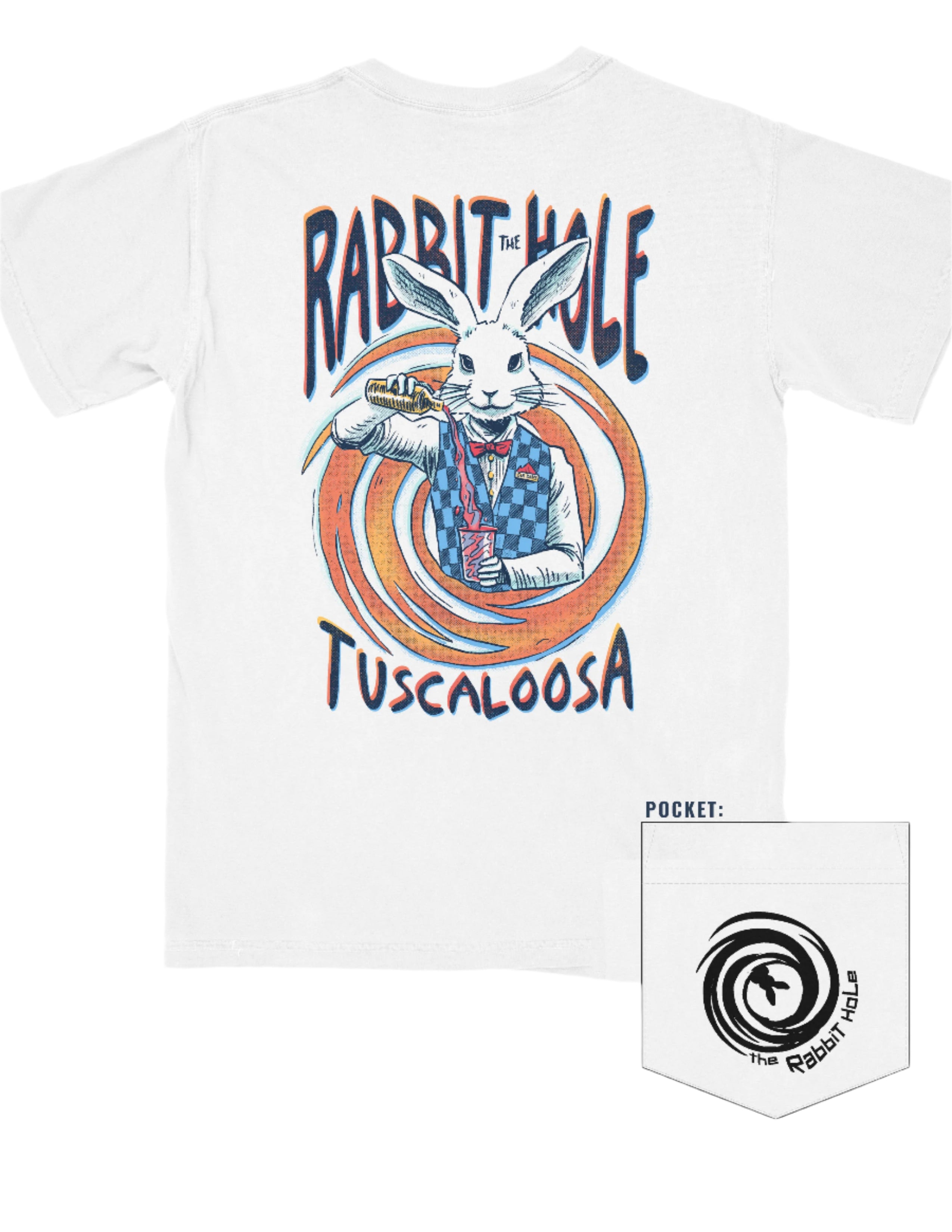 The Rabbit Hole White T-Shirt with an image of The White Rabbit serving a cocktail
