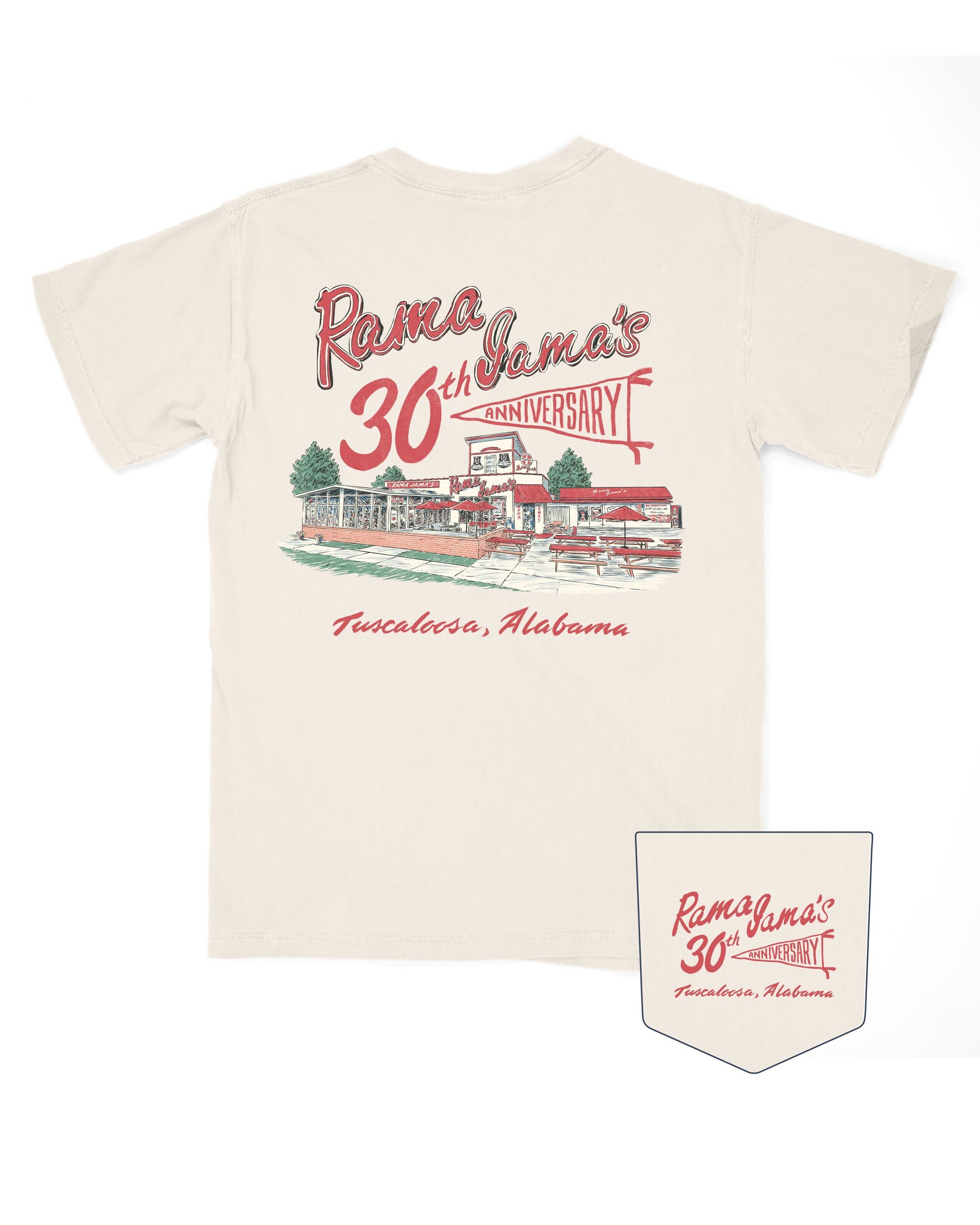 Rama Jama’s Ivory T-Shirt with the Rama Jama’s Building under Red text “Rama Jama’s 30th anniversary” with “anniversary” inside a pennant flag