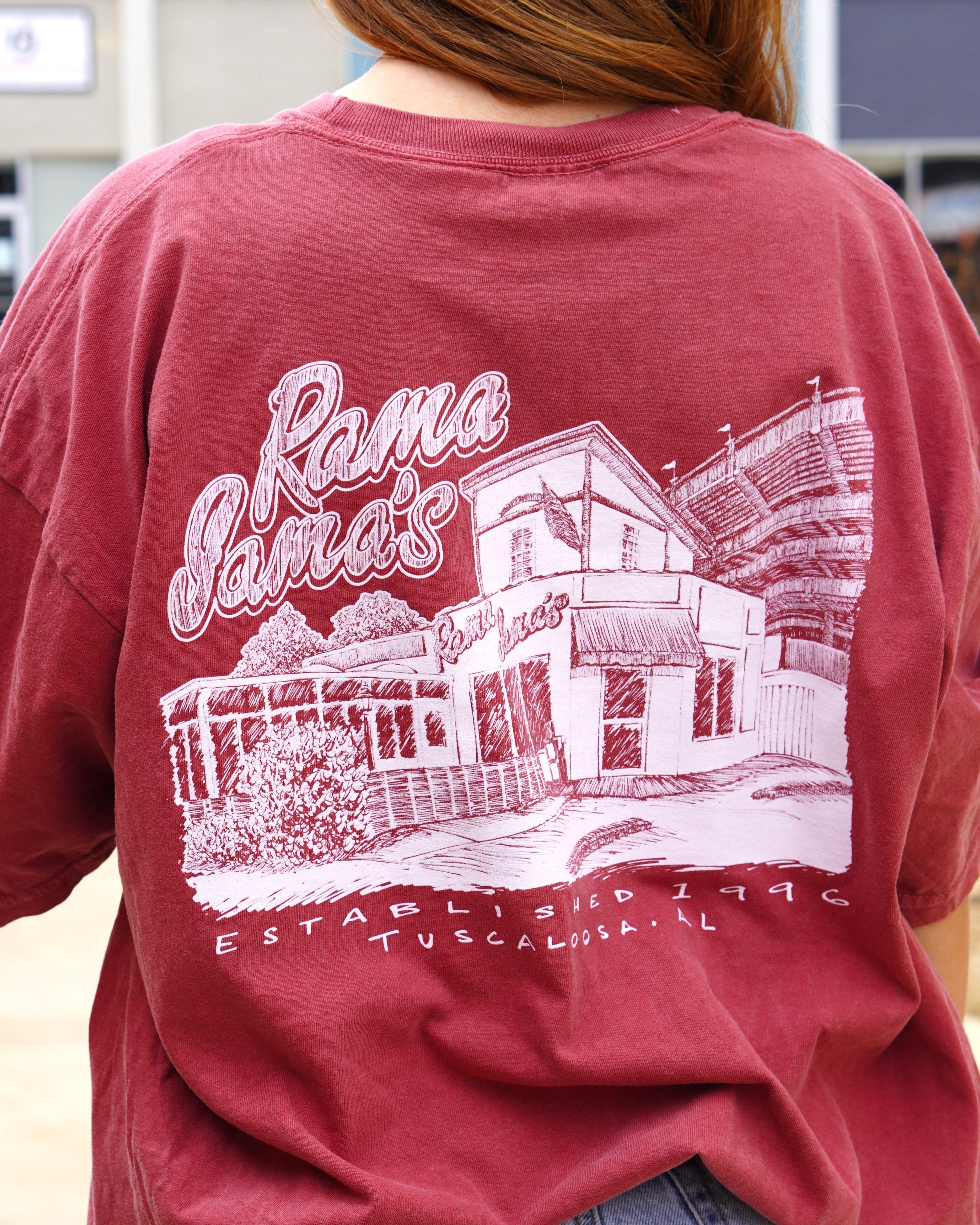 Rama Jama's Red Tee with a White illustration of the Rama Jama's Building