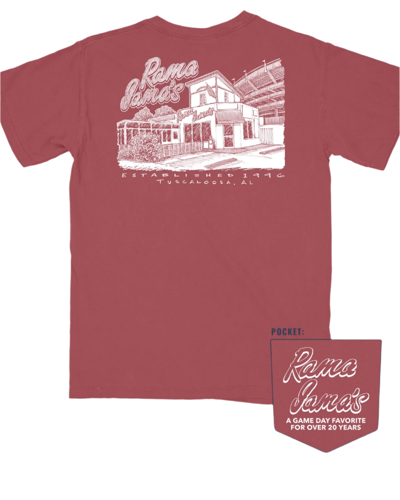 Rama Jama's Red Tee with a White illustration of the Rama Jama's Building