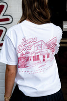 Rama Jama's White Tee with a Red illustration of the Rama Jama's Building