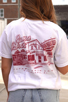 Rama Jama's White Tee with a Red illustration of the Rama Jama's Building