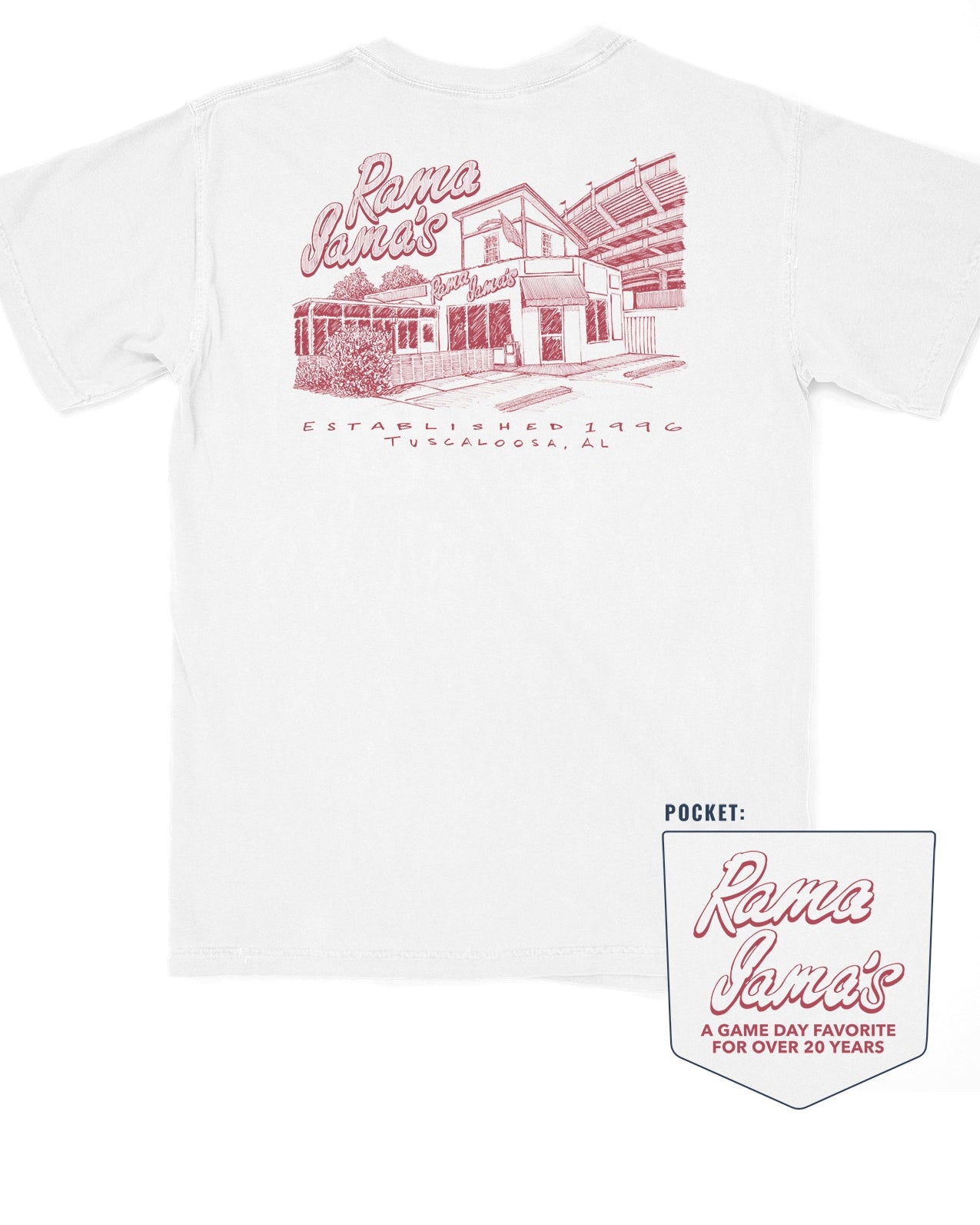 Rama Jama's White Tee with a Red illustration of the Rama Jama's Building