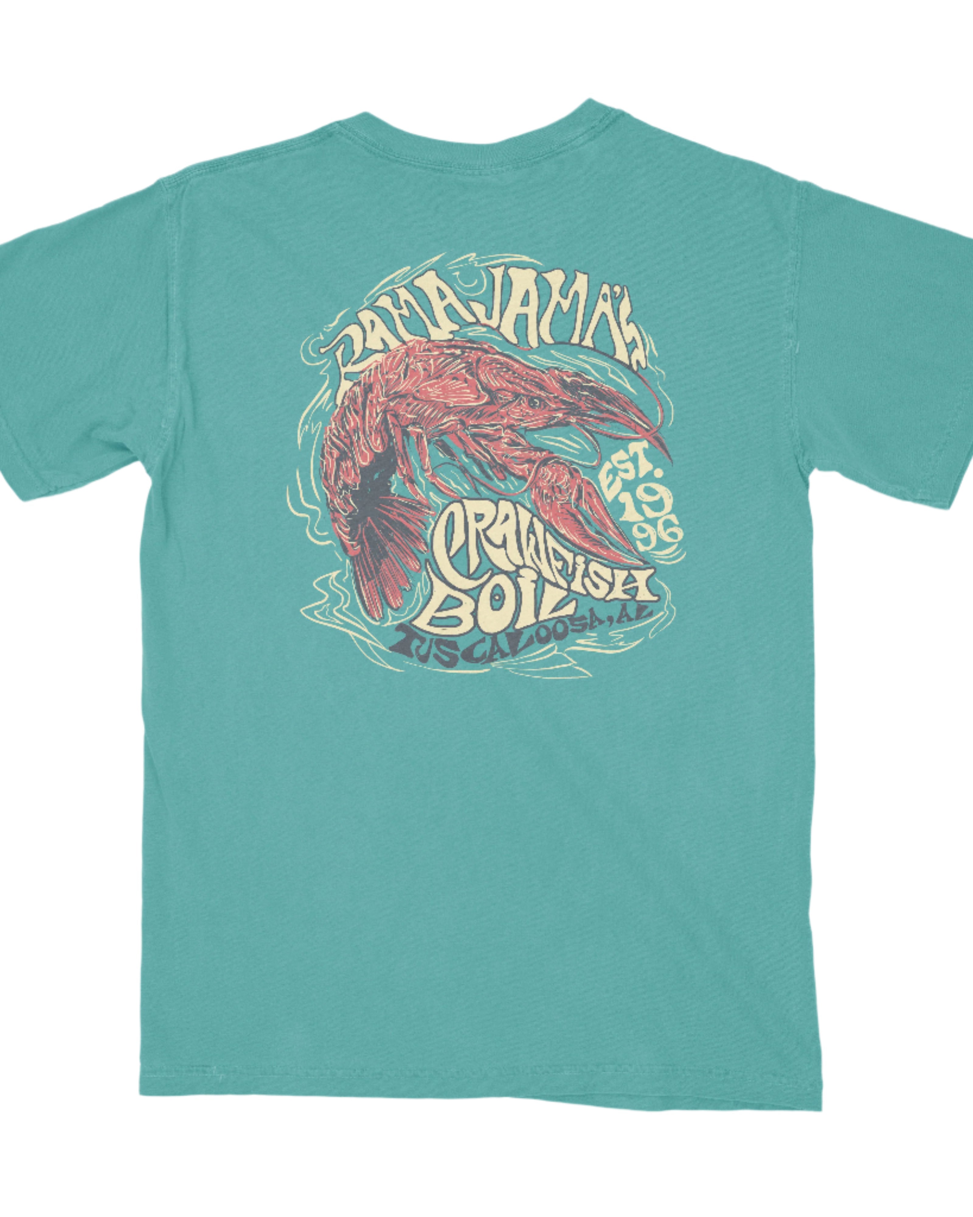 Rama Jama's Seafoam T-Shirt with an illustration of a Crawfish surrounded by Ivory text "Rama Jama's Crawfish Boil"