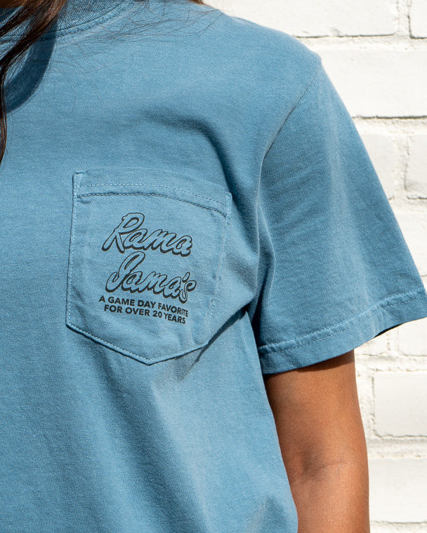 Blue t-shirt with a pocket design on a person.