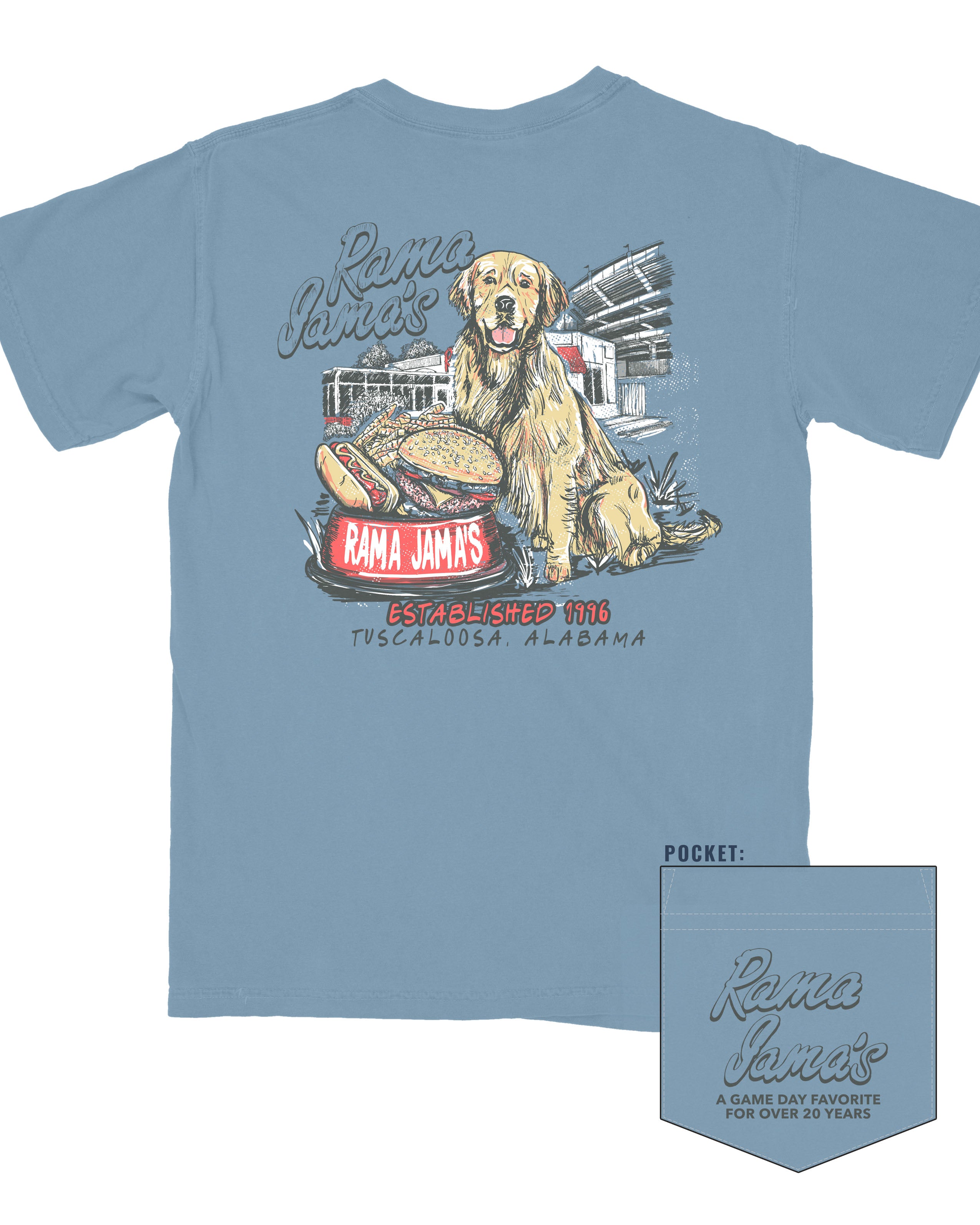 Rama Jama’s Dusty Blue shirt with an illustration of a golden retriever sitting at the picnic tables outside of the building with a cheeseburger and a hotdog