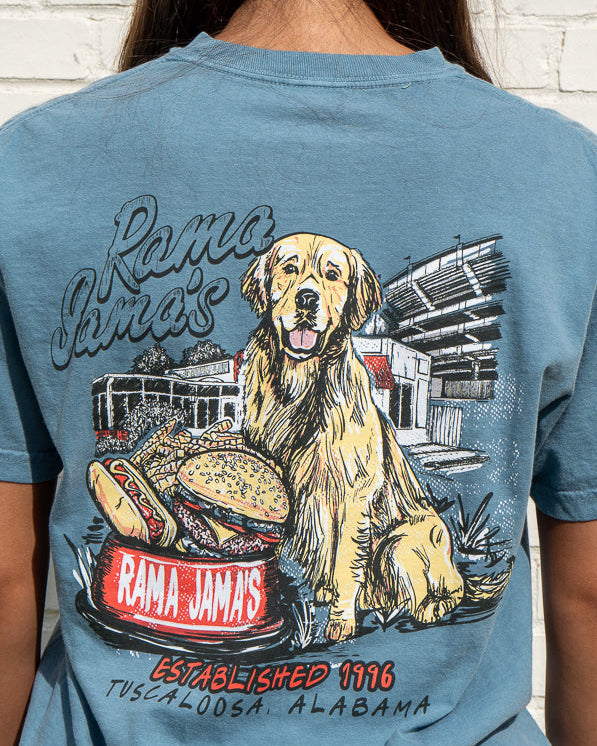 Person wearing a blue t-shirt with a graphic of a dog and Rama Jim's restaurant.