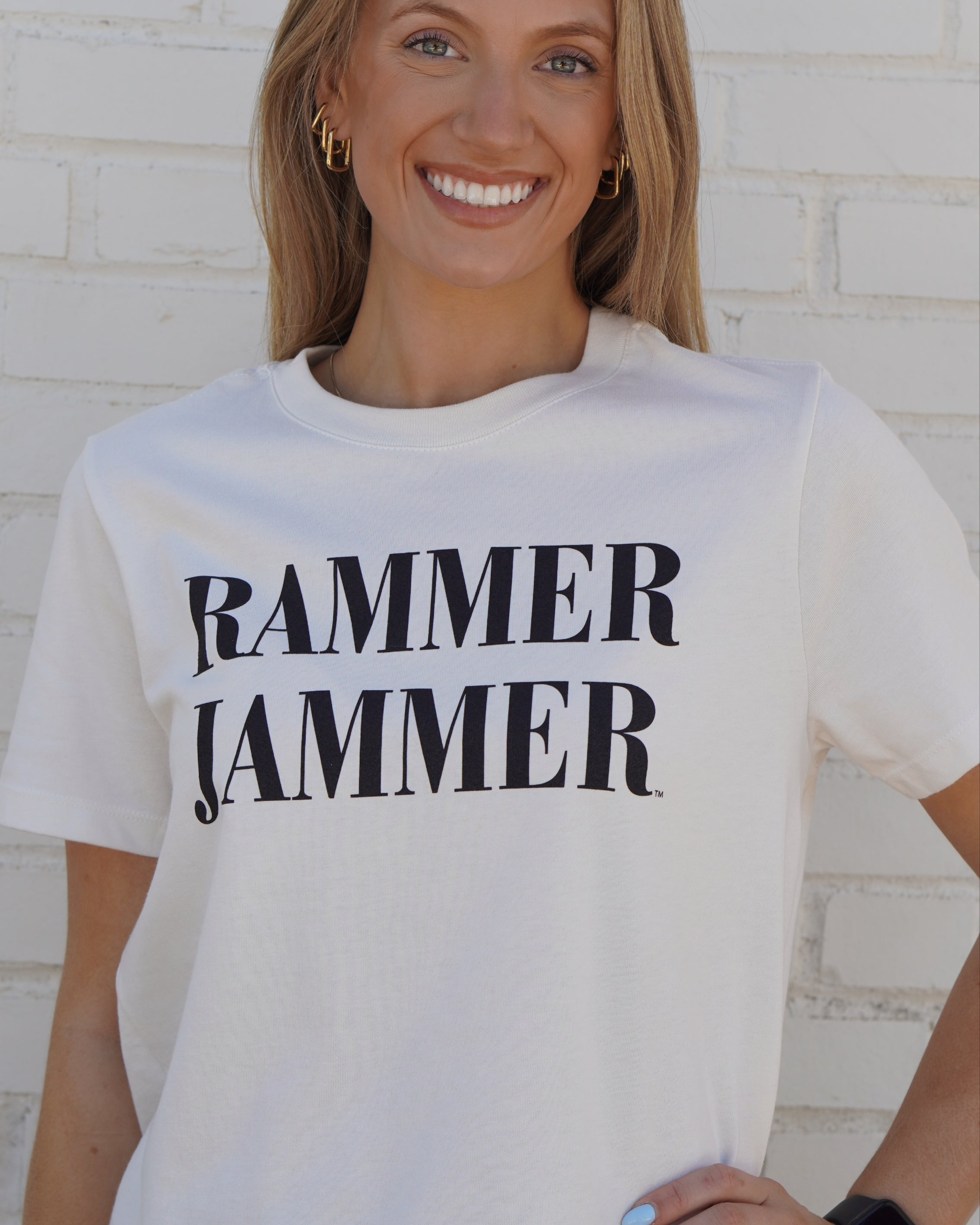 University of Alabama White Ladies Tee with Black Text “Rammer Jammer”
