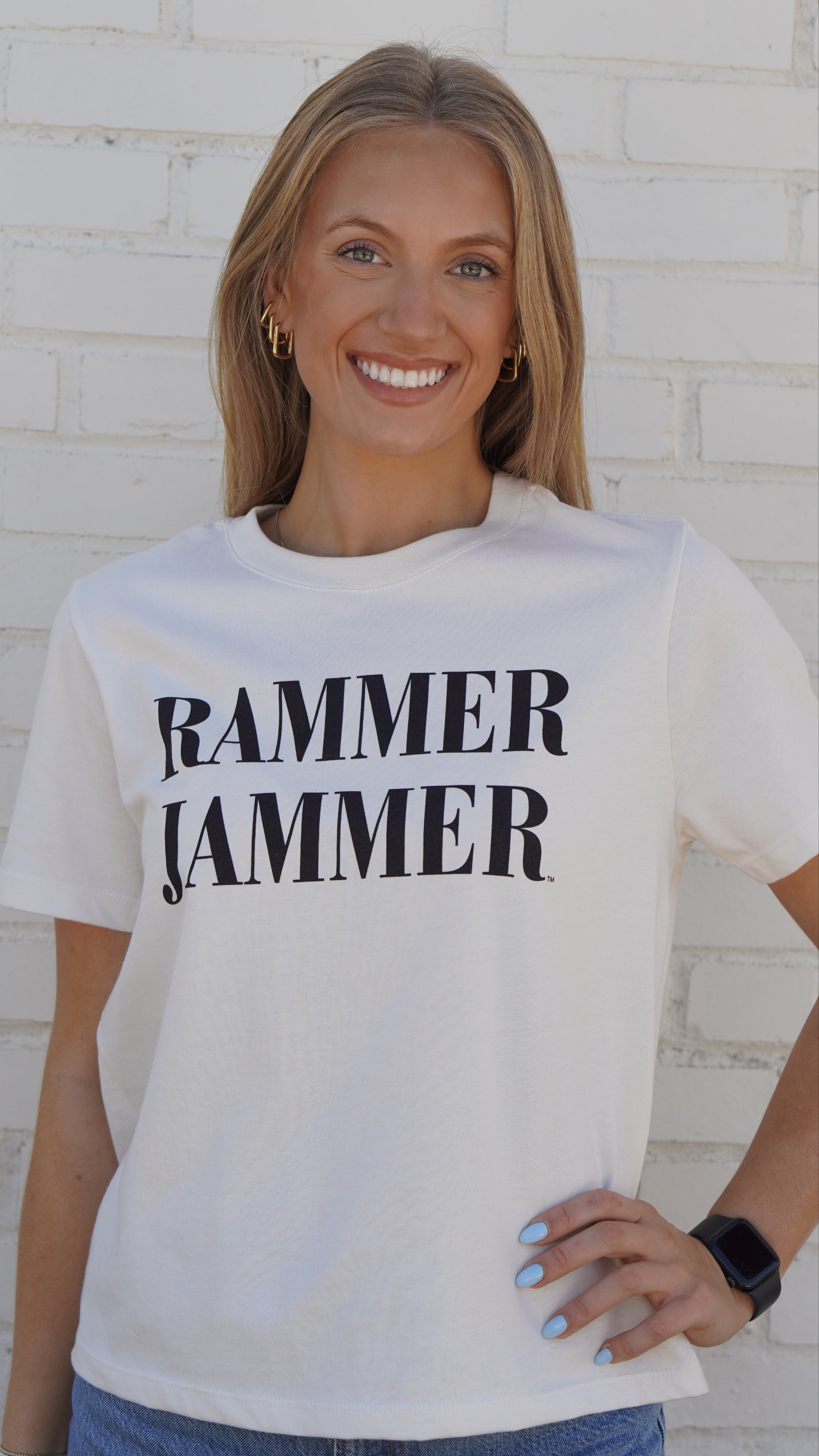 University of Alabama White Ladies Tee with Black Text “Rammer Jammer”