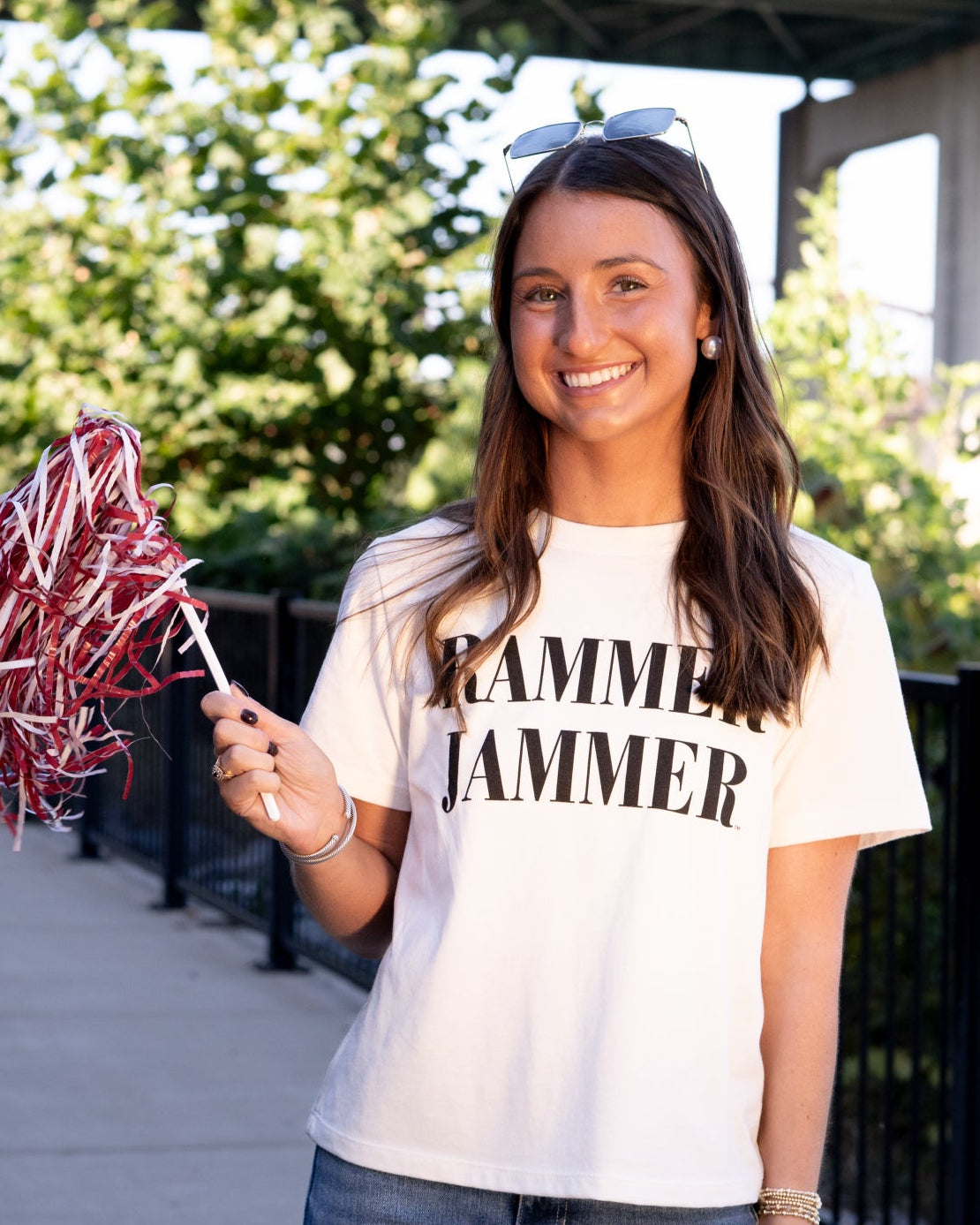 University of Alabama White Ladies Tee with Black Text “Rammer Jammer”