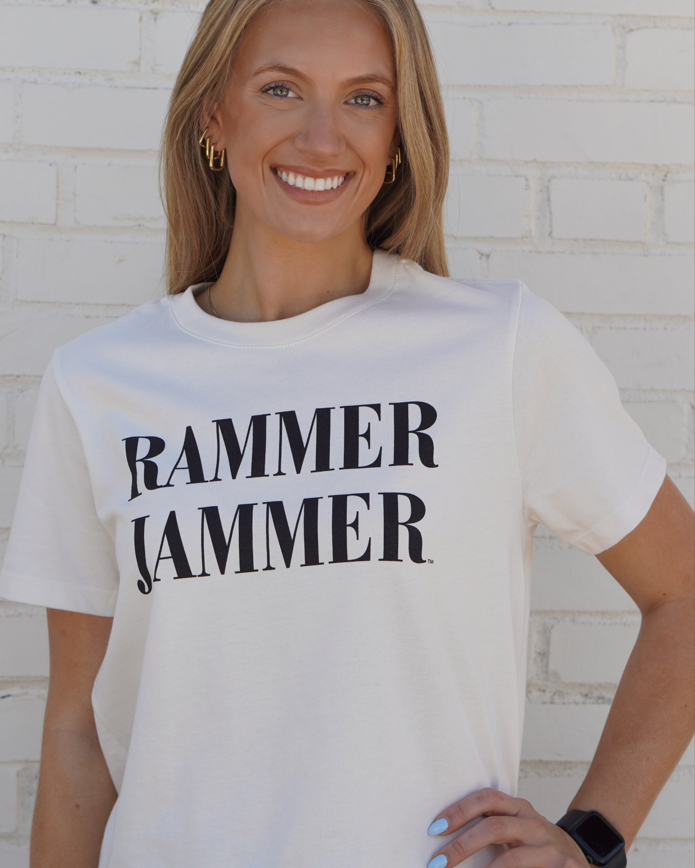 University of Alabama White Ladies Tee with Black Text “Rammer Jammer”