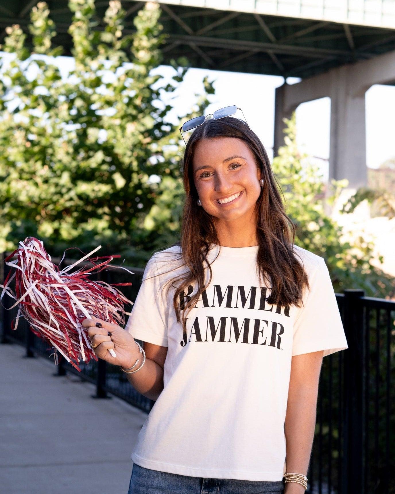 University of Alabama White Ladies Tee with Black Text “Rammer Jammer”
