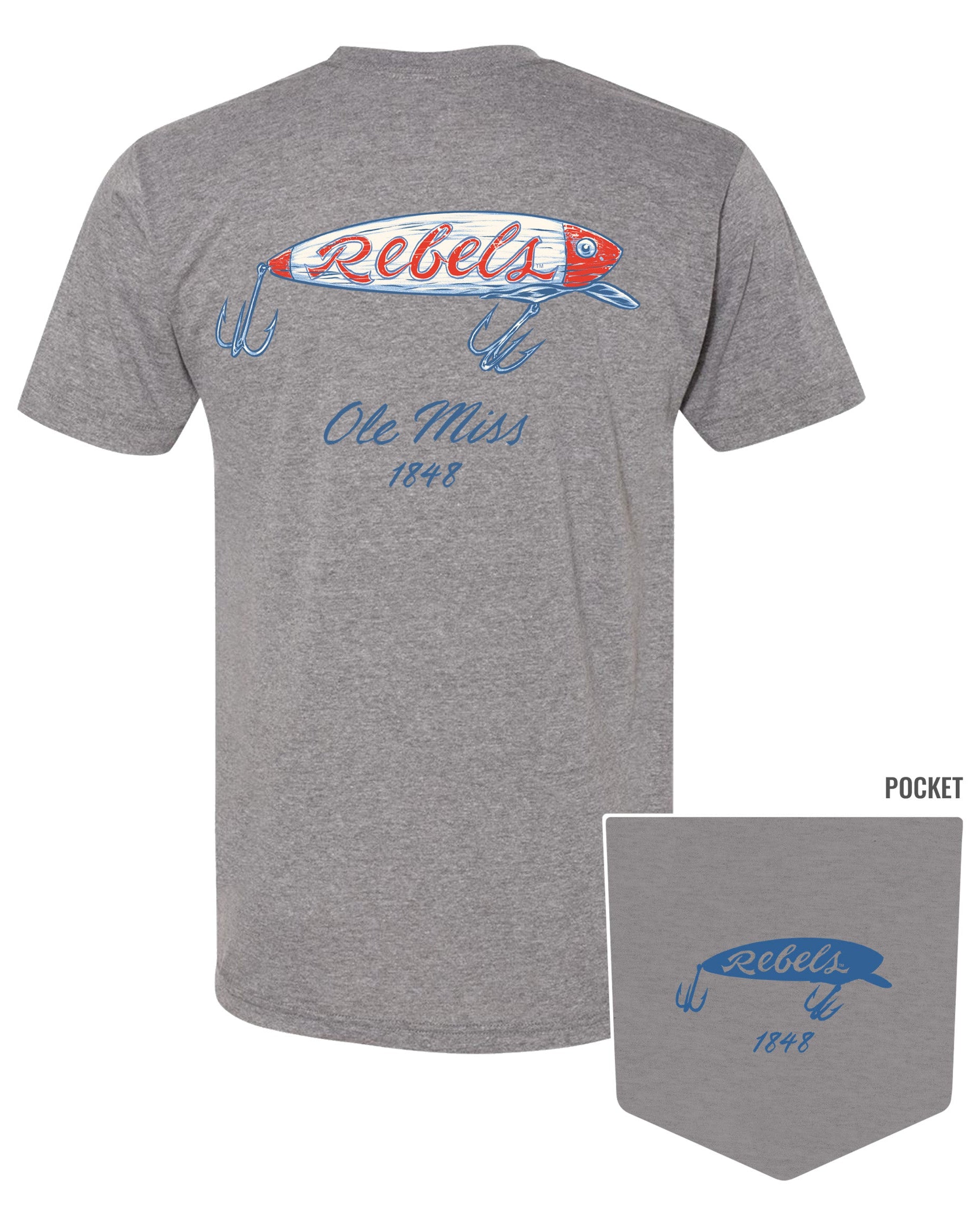 Ole Miss Grey T-Shirt with a fishing lure with Red script “Rebels”