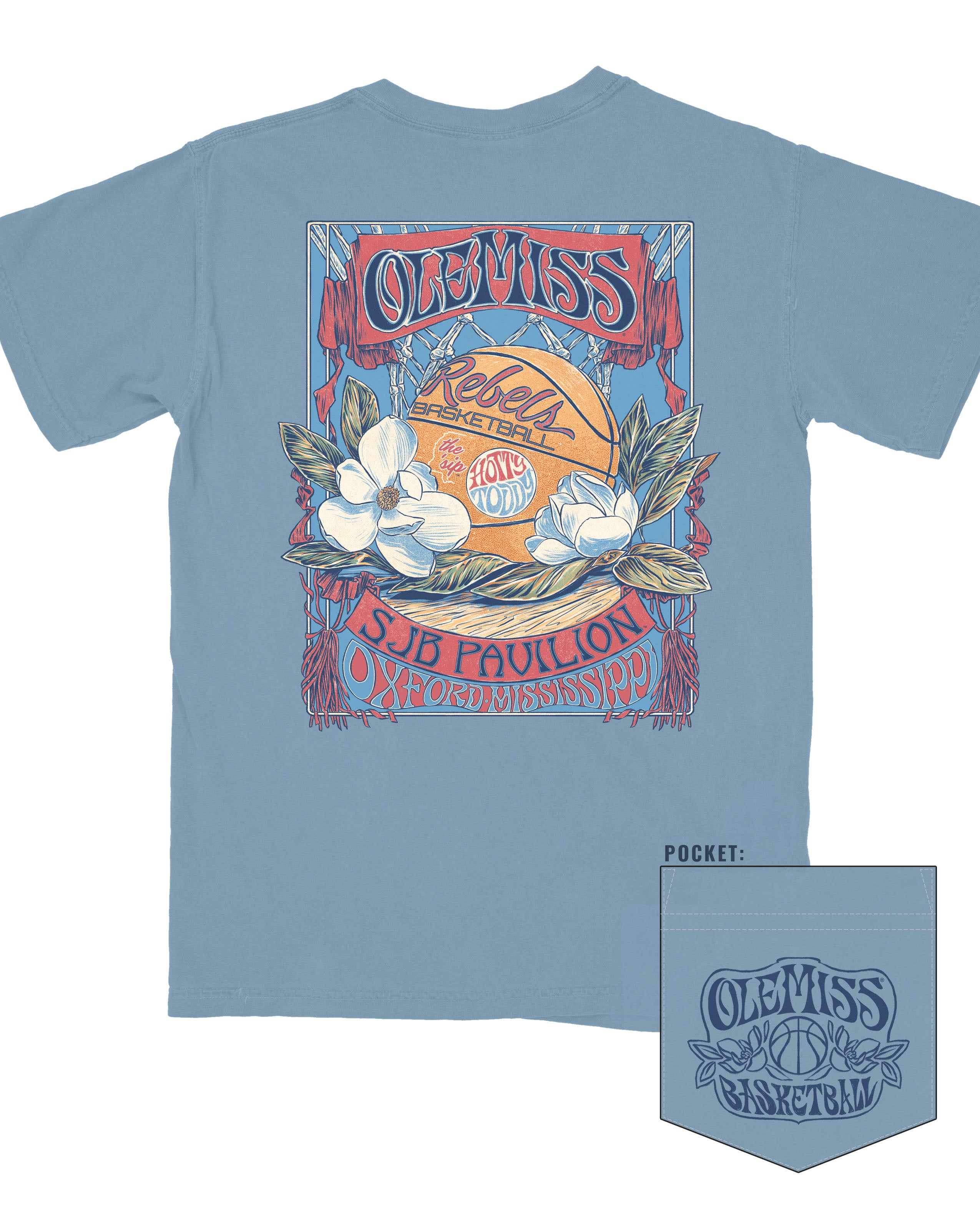 Ole Miss Dusty Light Blue T-Shirt with a basketball card style design featuring a basketball with magnolia flowers in between text “Ole Miss” and “SJB Pavilion”