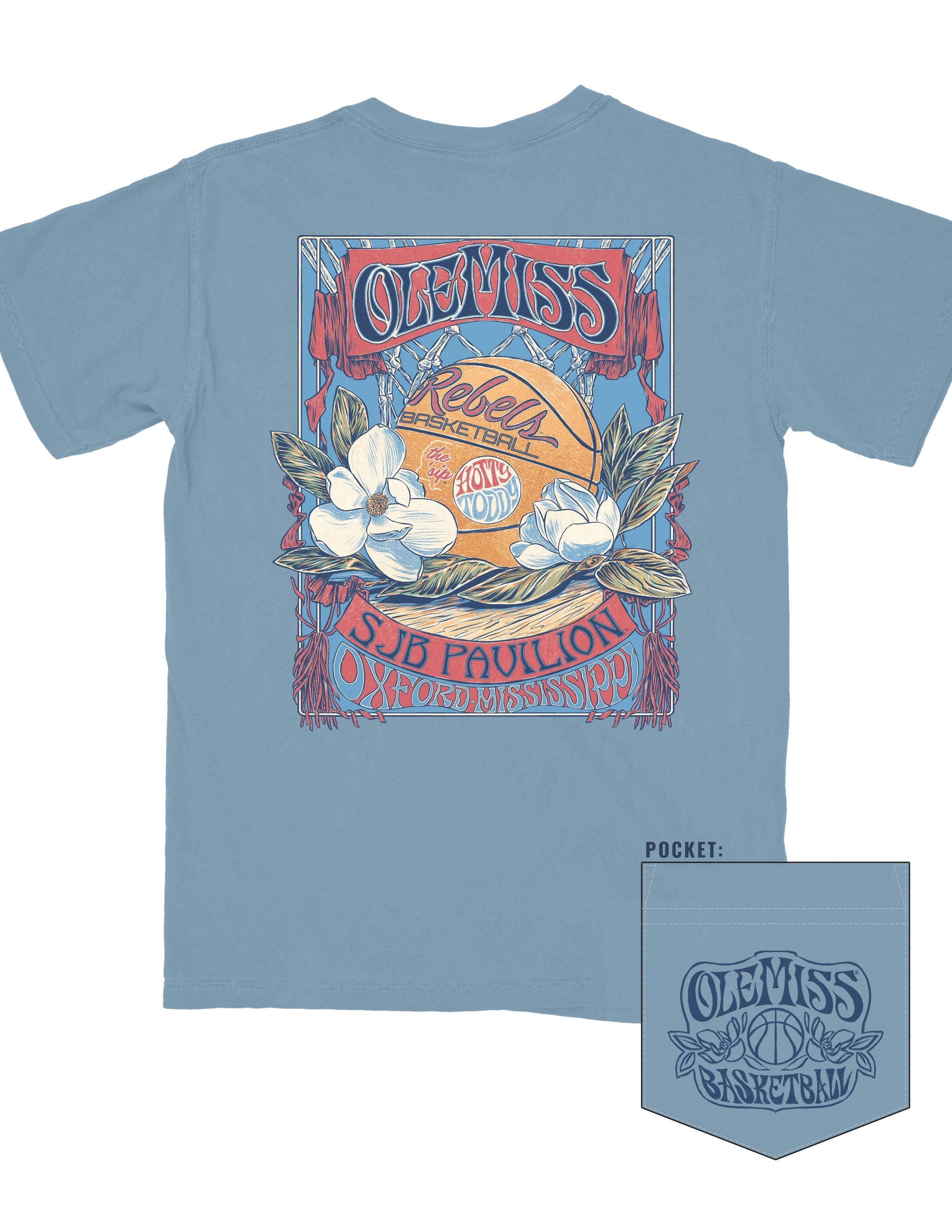 Ole Miss Dusty Light Blue T-Shirt with a basketball card style design featuring a basketball with magnolia flowers in between text “Ole Miss” and “SJB Pavilion”