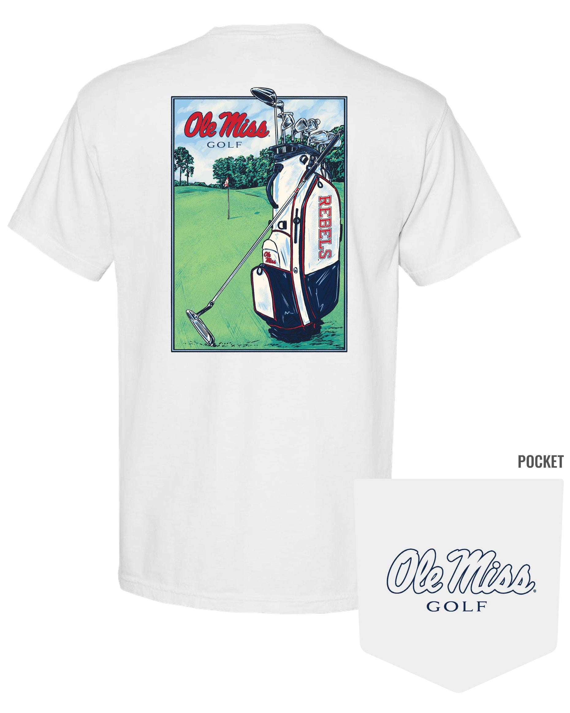 Ole Miss White T-Shirt with an image of a golf club carrying bag with the Rebels Logo