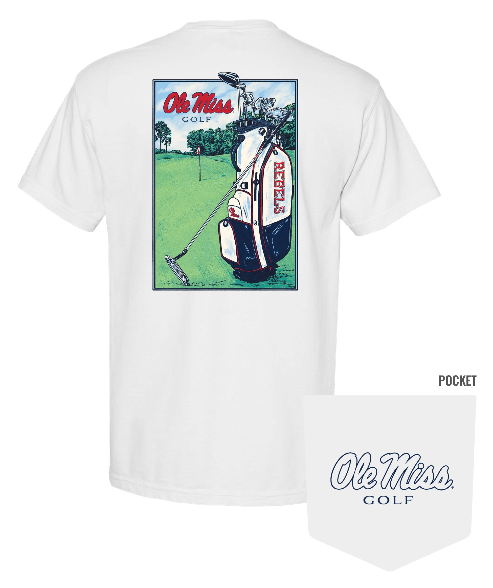 Ole Miss White T-Shirt with an image of a golf club carrying bag with the Rebels Logo