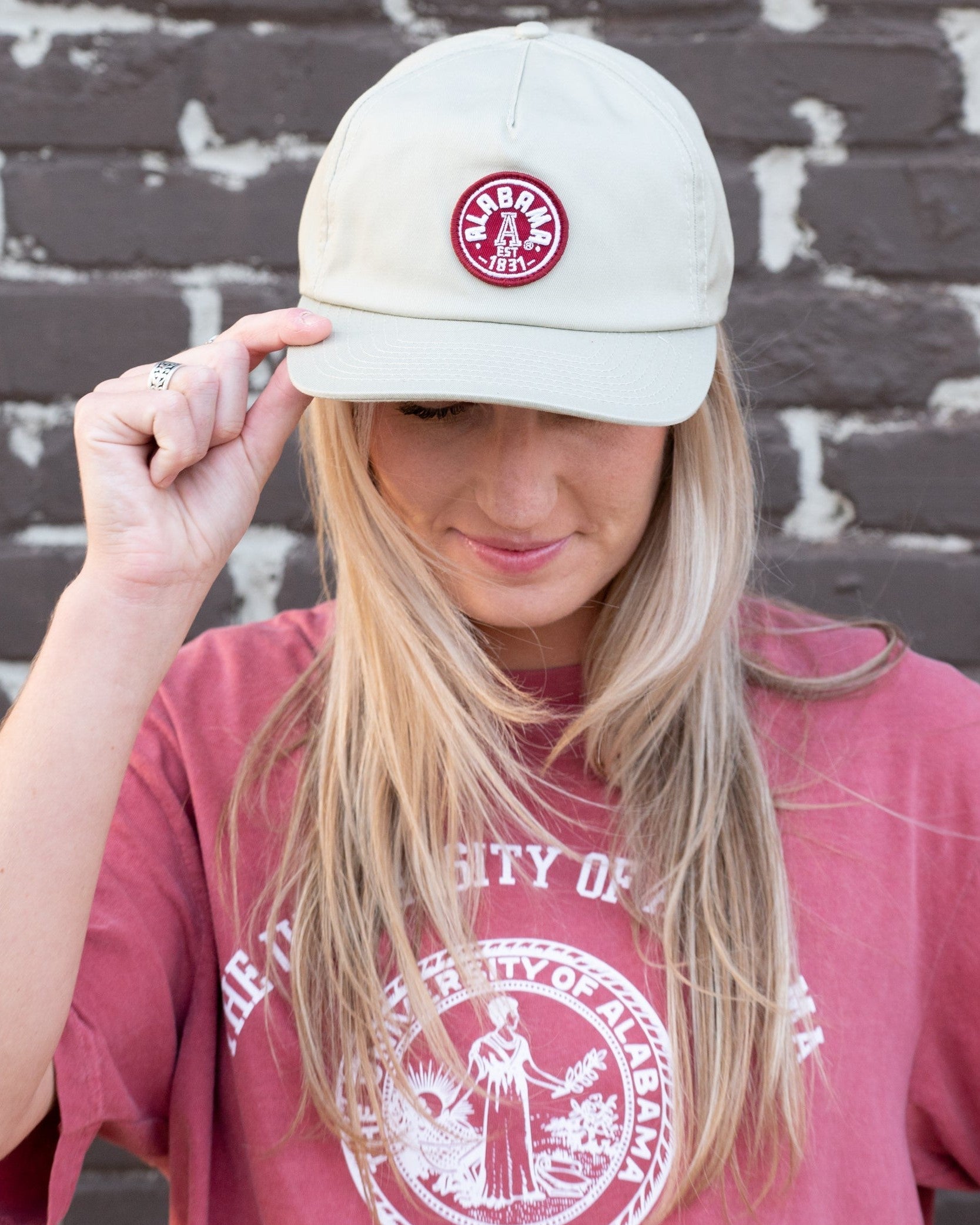 University of Alabama Khaki Fly Fit Hat with a Red patch featuring the Retro University of Alabama Logo