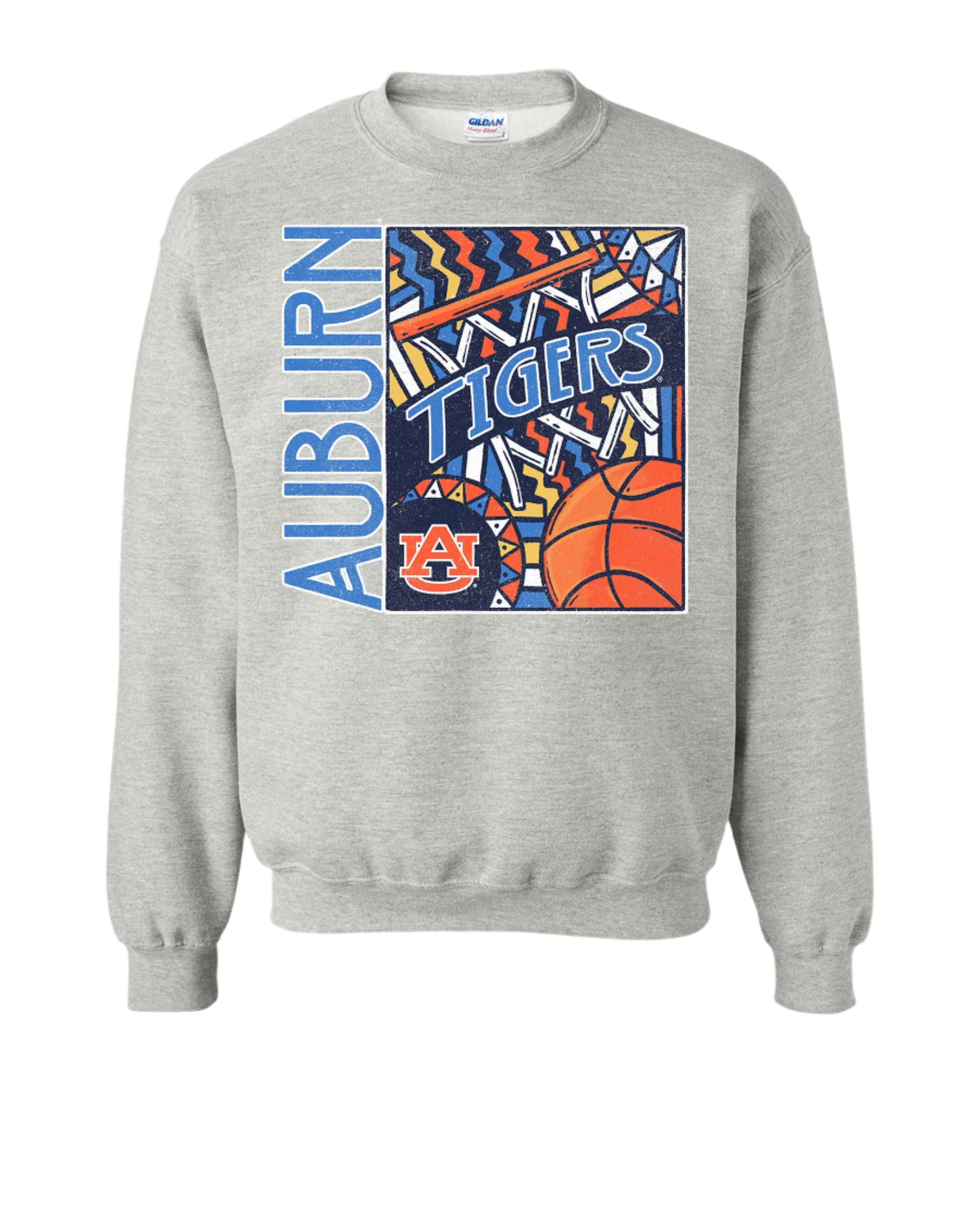 Auburn University Grey Basketball Sweatshirt with a retro graphic design featuring a basketball, a basketball hoop, and Blue text "Tigers"
