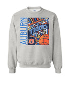 Auburn University Grey Basketball Sweatshirt with a retro graphic design featuring a basketball, a basketball hoop, and Blue text "Tigers"