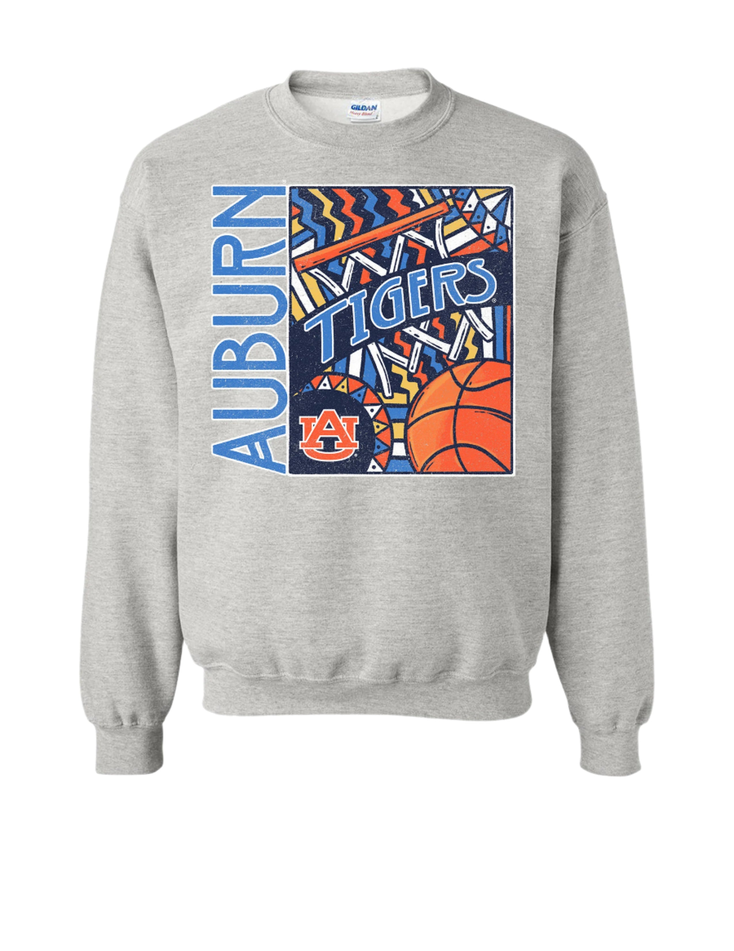 Auburn University Grey Basketball Sweatshirt with a retro graphic design featuring a basketball, a basketball hoop, and Blue text "Tigers"