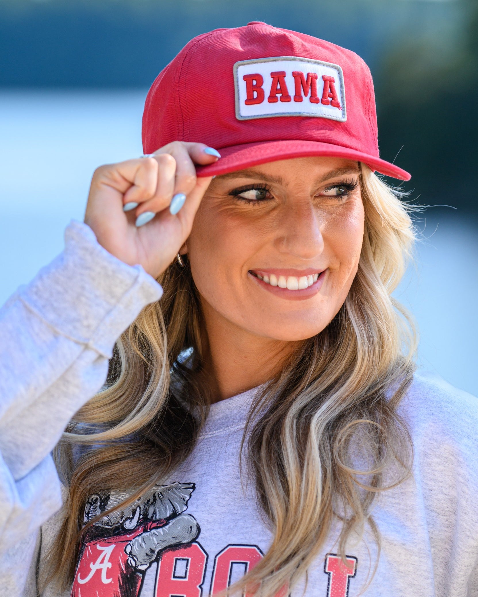 University of Alabama Red Patch Hat with a White Patch featuring Red Retro text "BAMA"