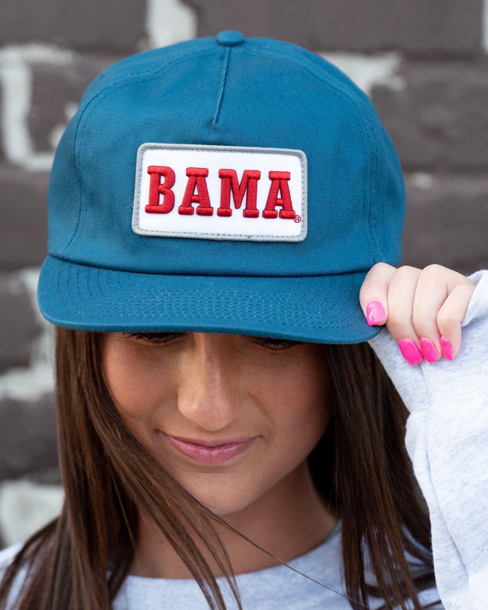 University of Alabama Teal Patch Hat with a White Patch featuring Red Retro text "BAMA"